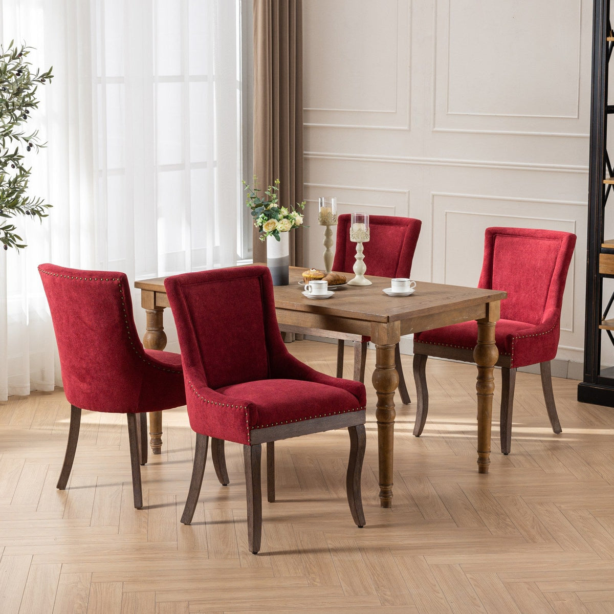 Retro-style thickened fabric light luxury high-back dining chair（burgundy） - KiKiUMi
