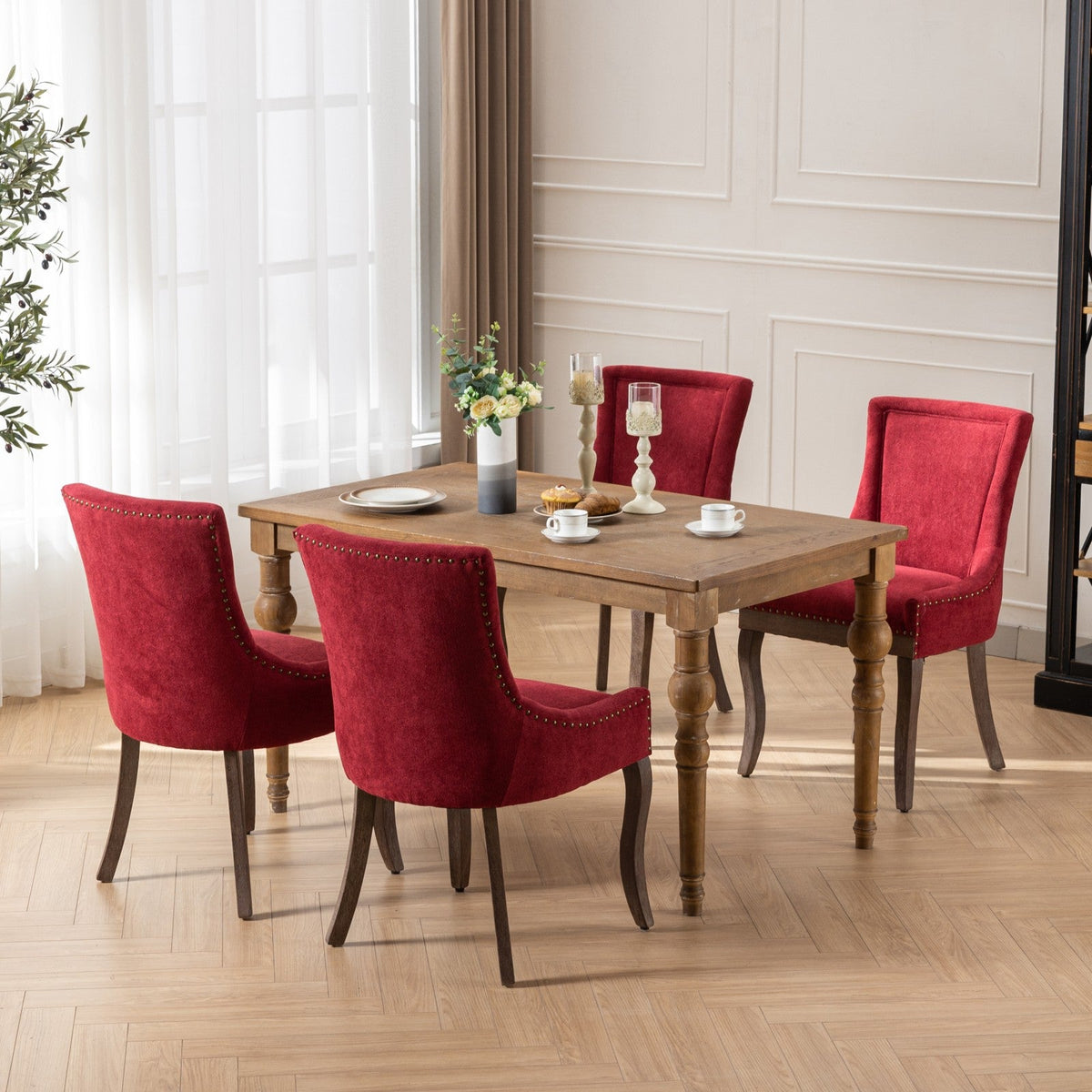 Retro-style thickened fabric light luxury high-back dining chair（burgundy） - KiKiUMi