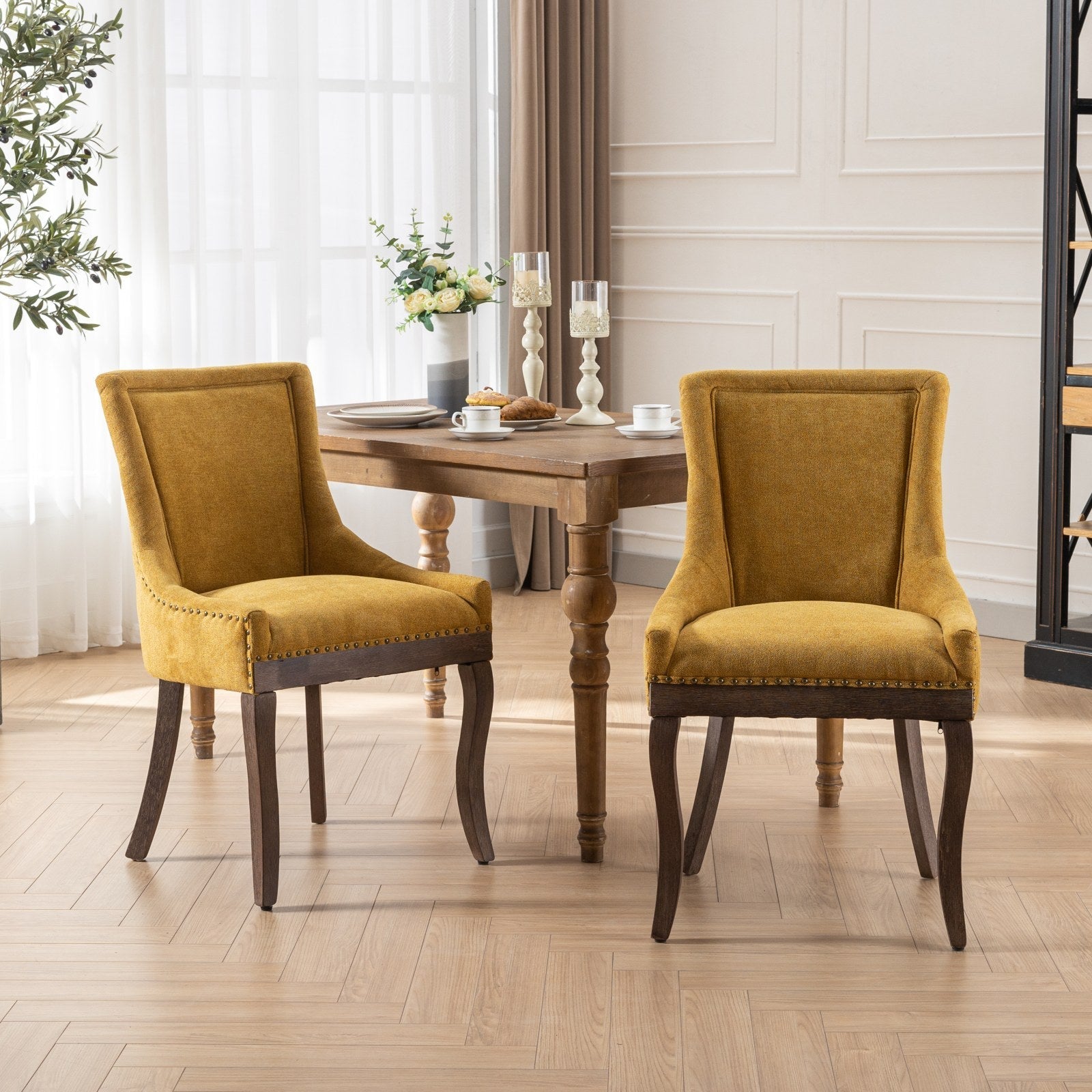 Retro-style thickened fabric light luxury high-back dining chair（golden） - KiKiUMi