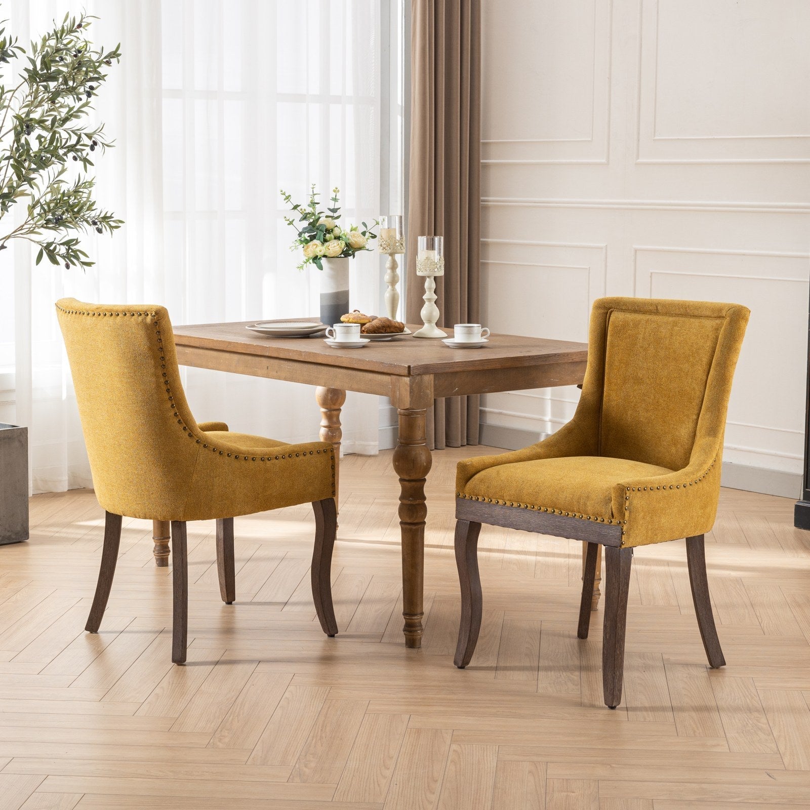 Retro-style thickened fabric light luxury high-back dining chair（golden） - KiKiUMi