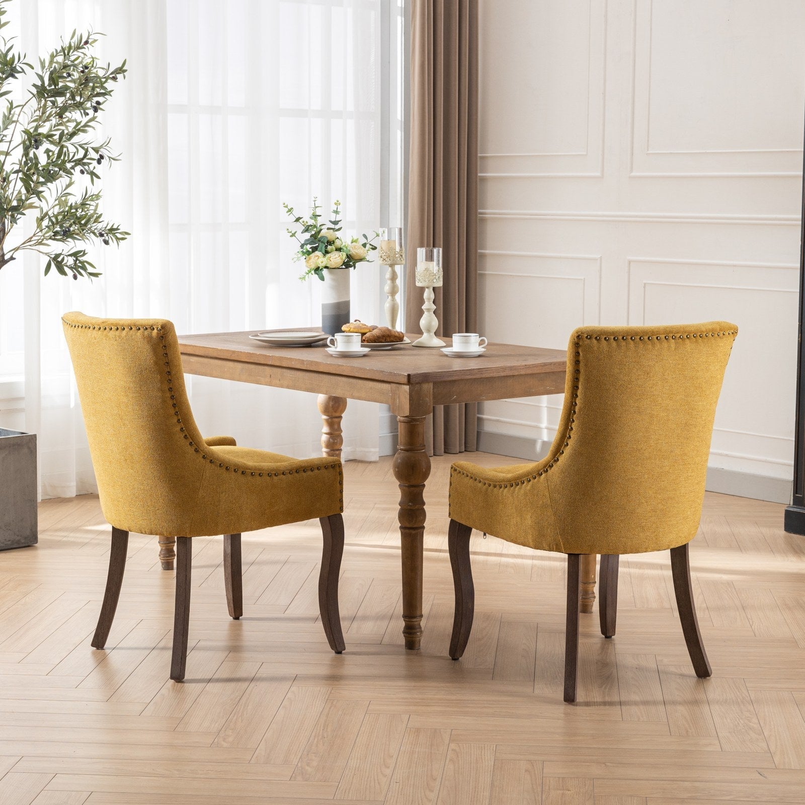 Retro-style thickened fabric light luxury high-back dining chair（golden） - KiKiUMi