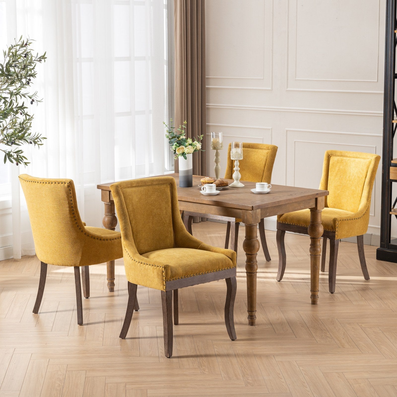 Retro-style thickened fabric light luxury high-back dining chair（golden） - KiKiUMi
