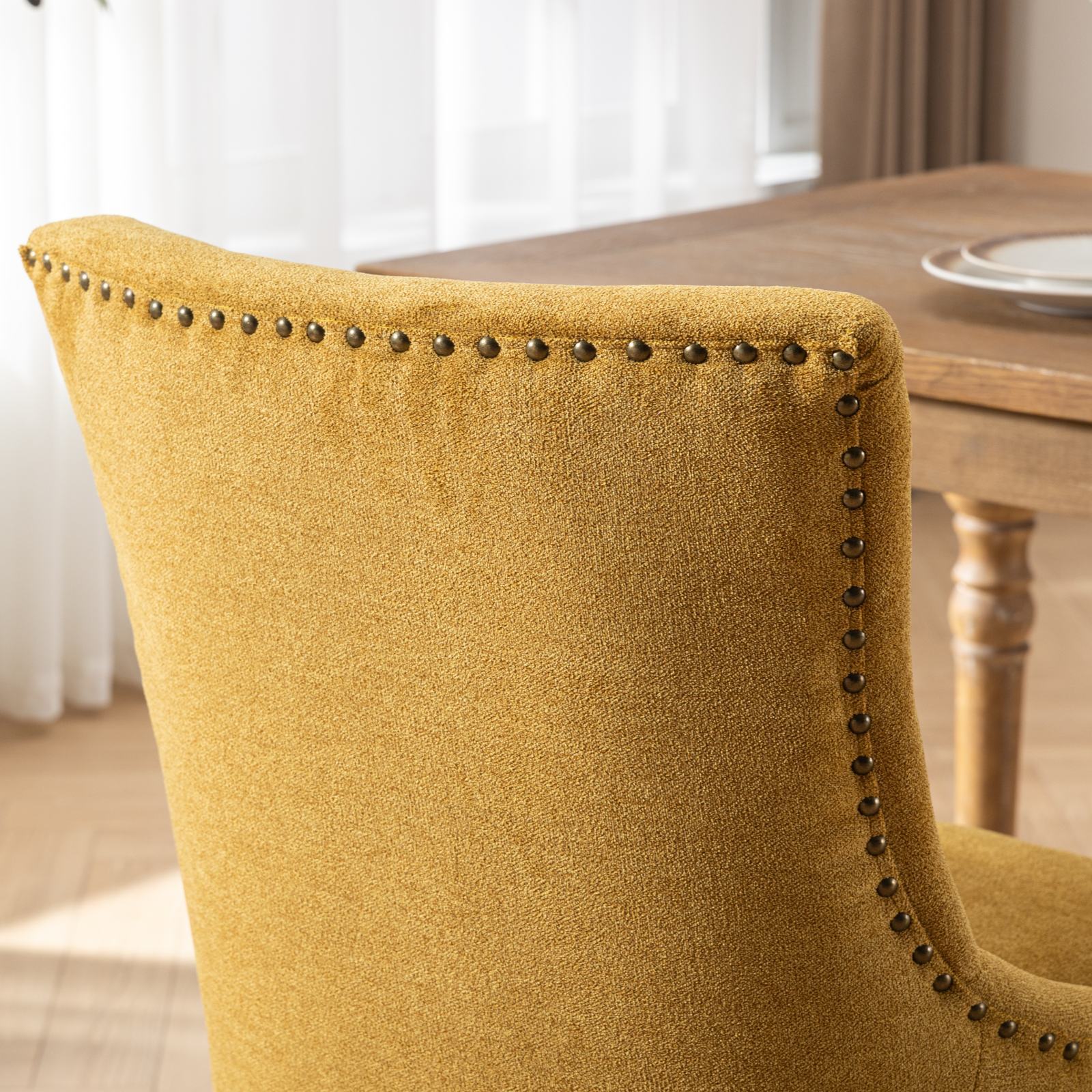 Retro-style thickened fabric light luxury high-back dining chair（golden） - KiKiUMi