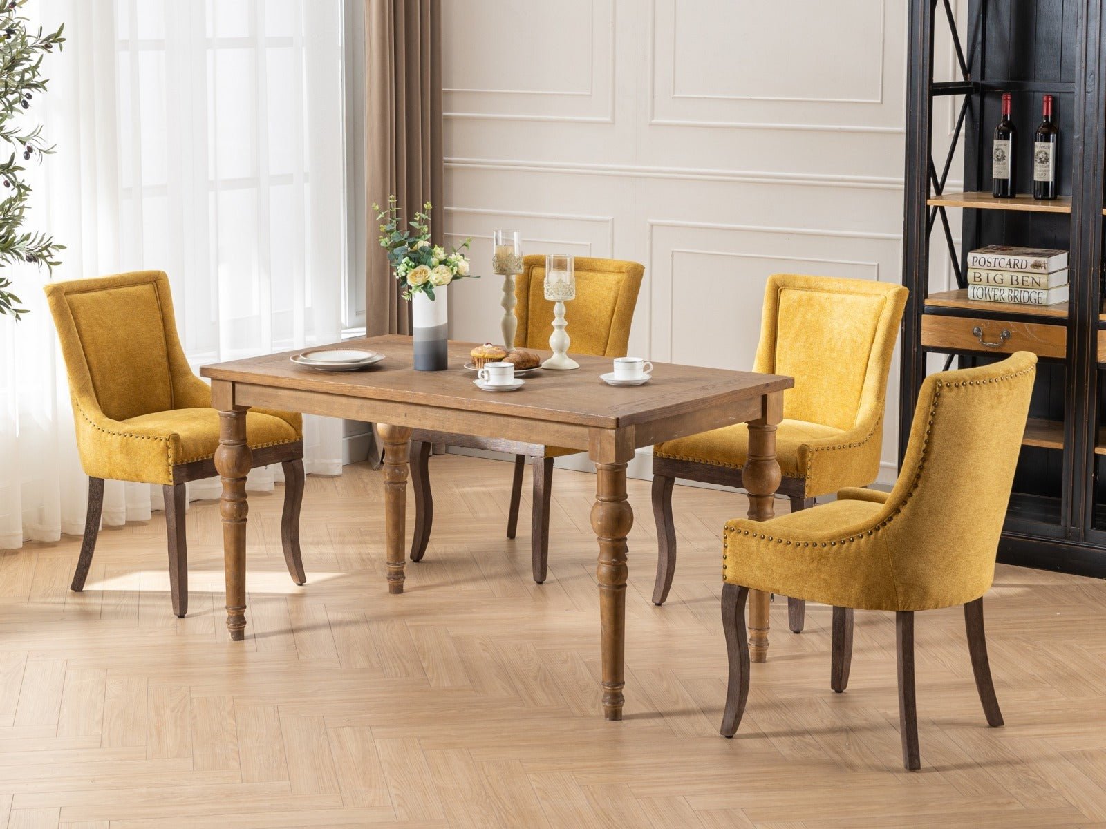 Retro-style thickened fabric light luxury high-back dining chair（golden） - KiKiUMi