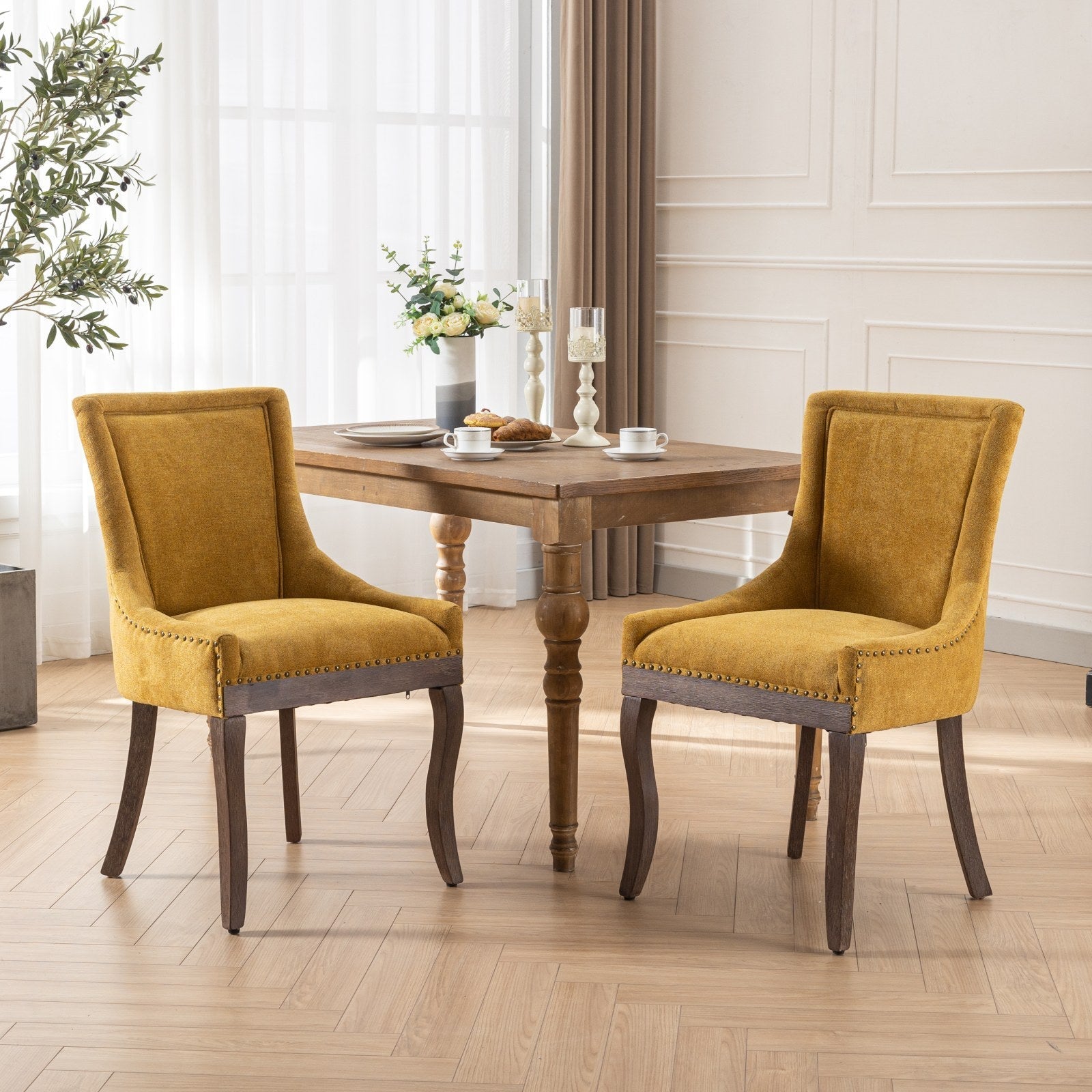 Retro-style thickened fabric light luxury high-back dining chair（golden） - KiKiUMi