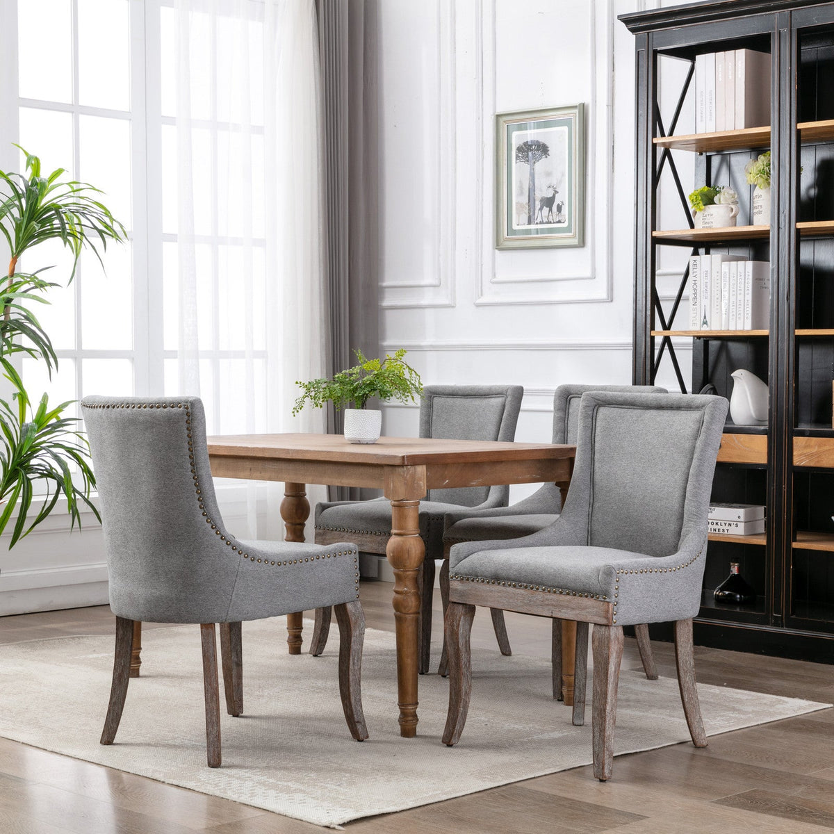 Retro-style thickened fabric light luxury high-back dining chair（gray） - KiKiUMi