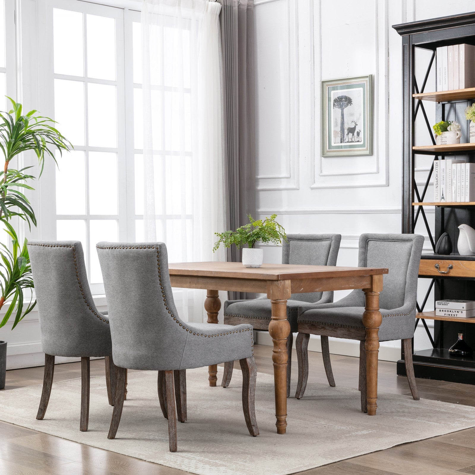 Retro-style thickened fabric light luxury high-back dining chair（gray） - KiKiUMi