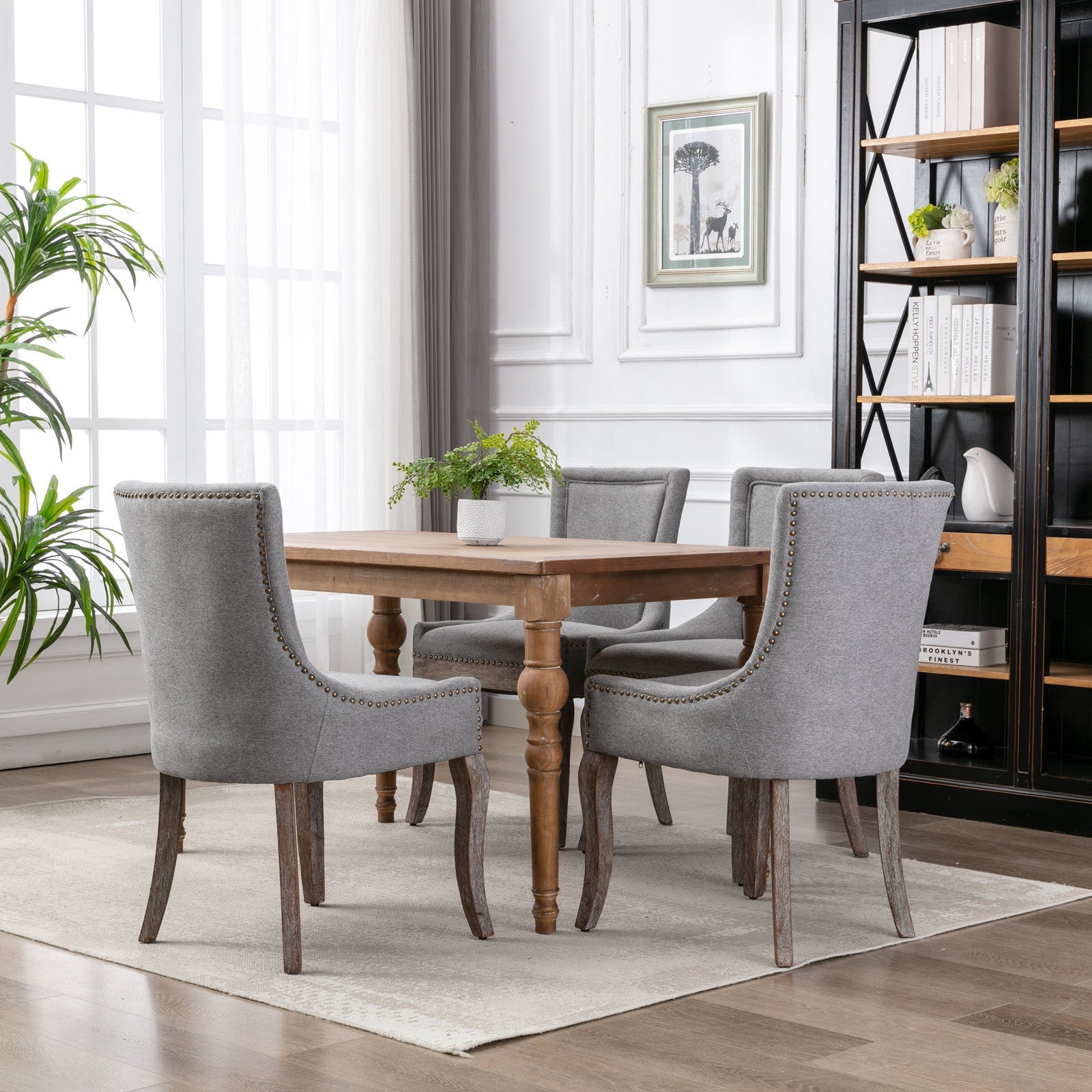 Retro-style thickened fabric light luxury high-back dining chair（gray） - KiKiUMi