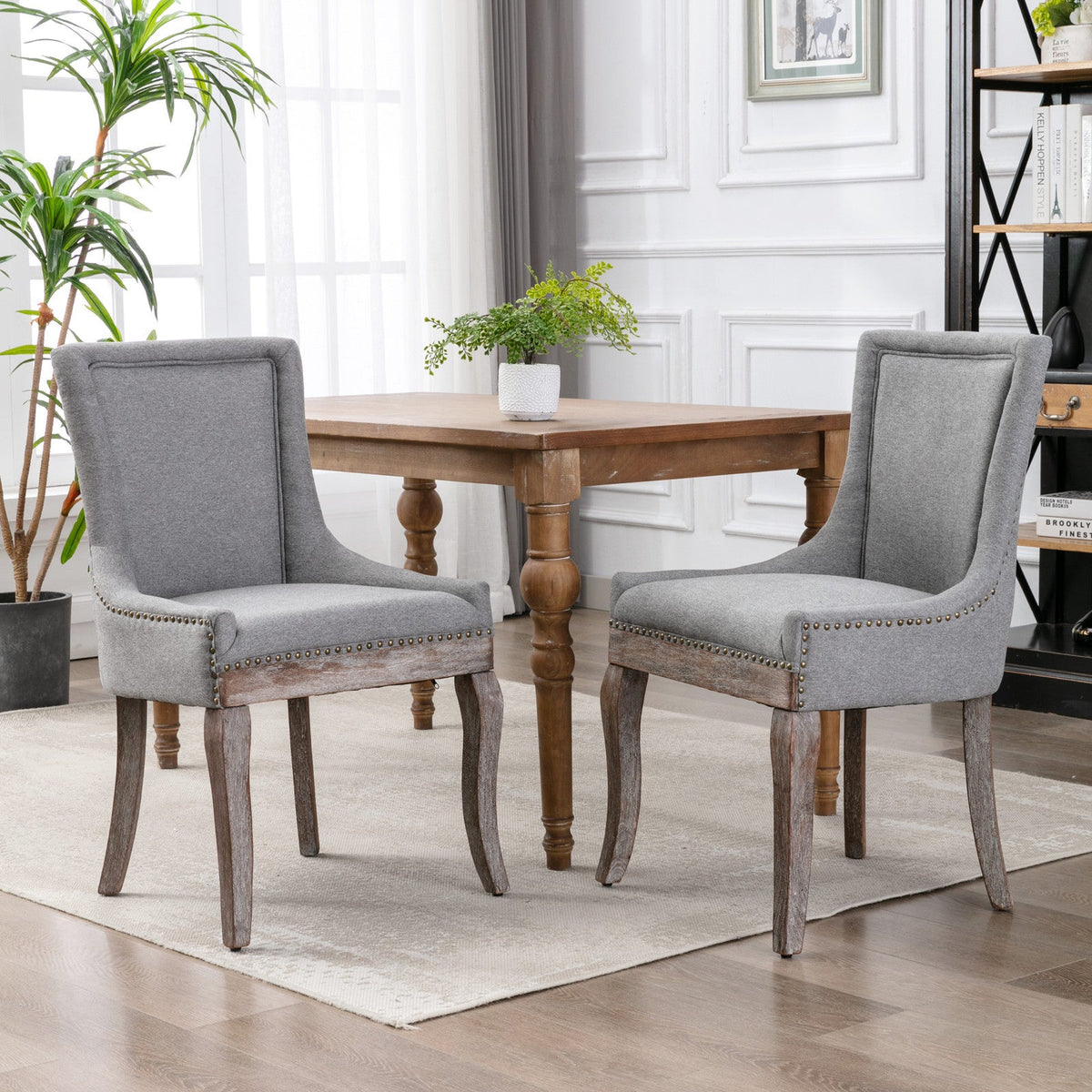 Retro-style thickened fabric light luxury high-back dining chair（gray） - KiKiUMi