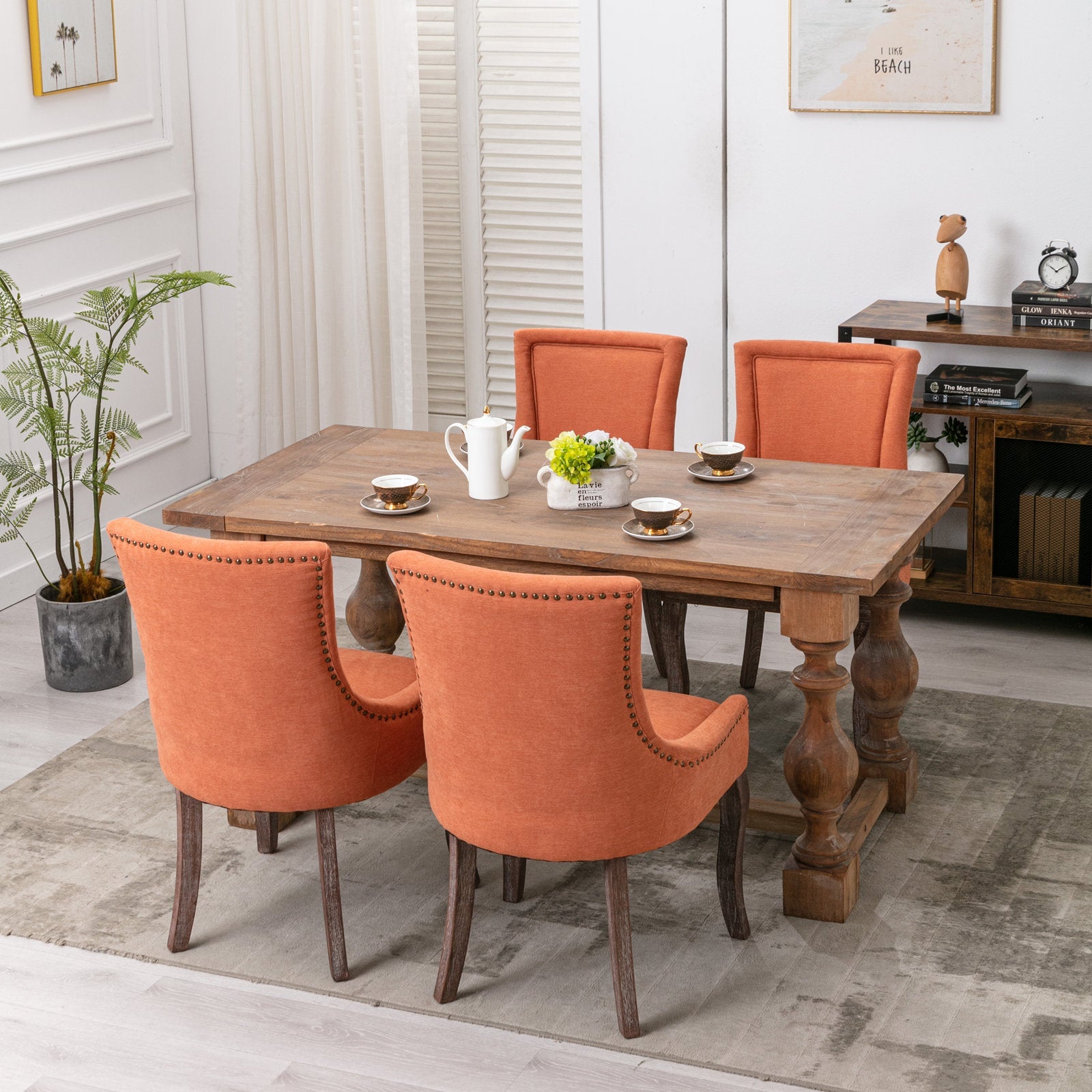 Retro-style thickened fabric light luxury high-back dining chair（orange） - KiKiUMi