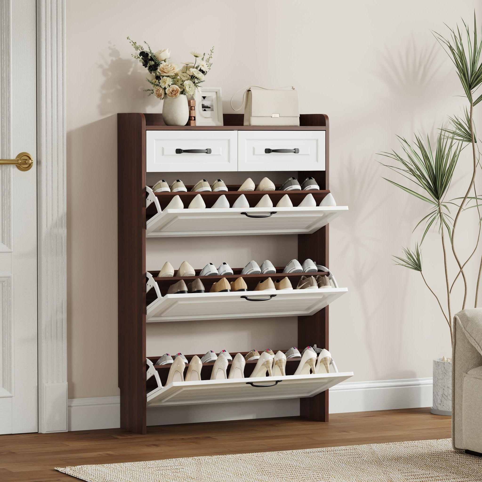 Shoe cabinet, 3 doors and 2 drawers, with PVC door design(walnut) - KiKiUMi