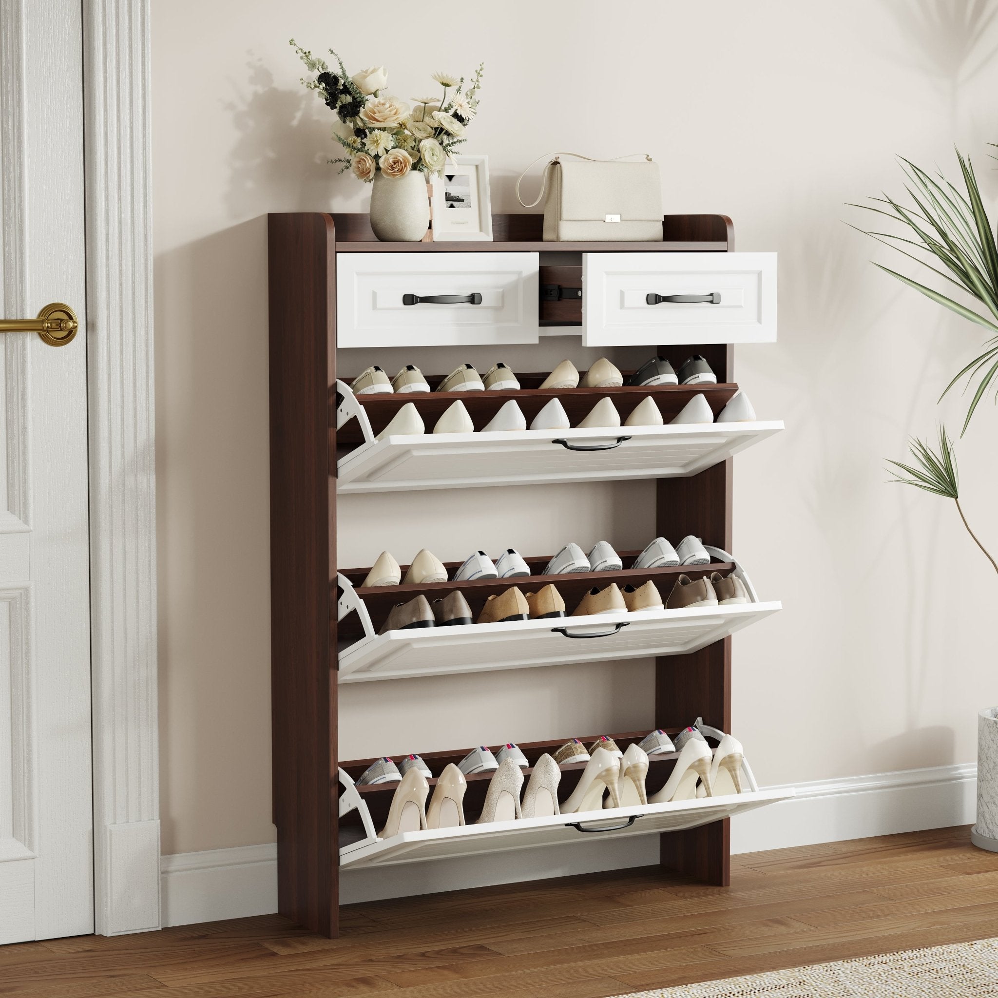 Shoe cabinet, 3 doors and 2 drawers, with PVC door design(walnut) - KiKiUMi