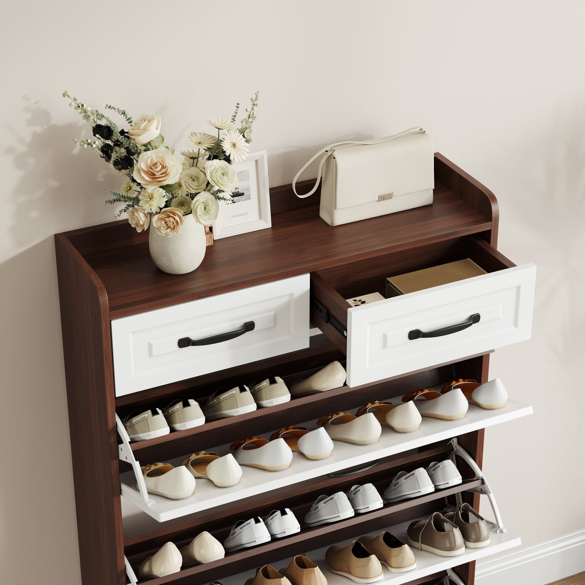 Shoe cabinet, 3 doors and 2 drawers, with PVC door design(walnut) - KiKiUMi