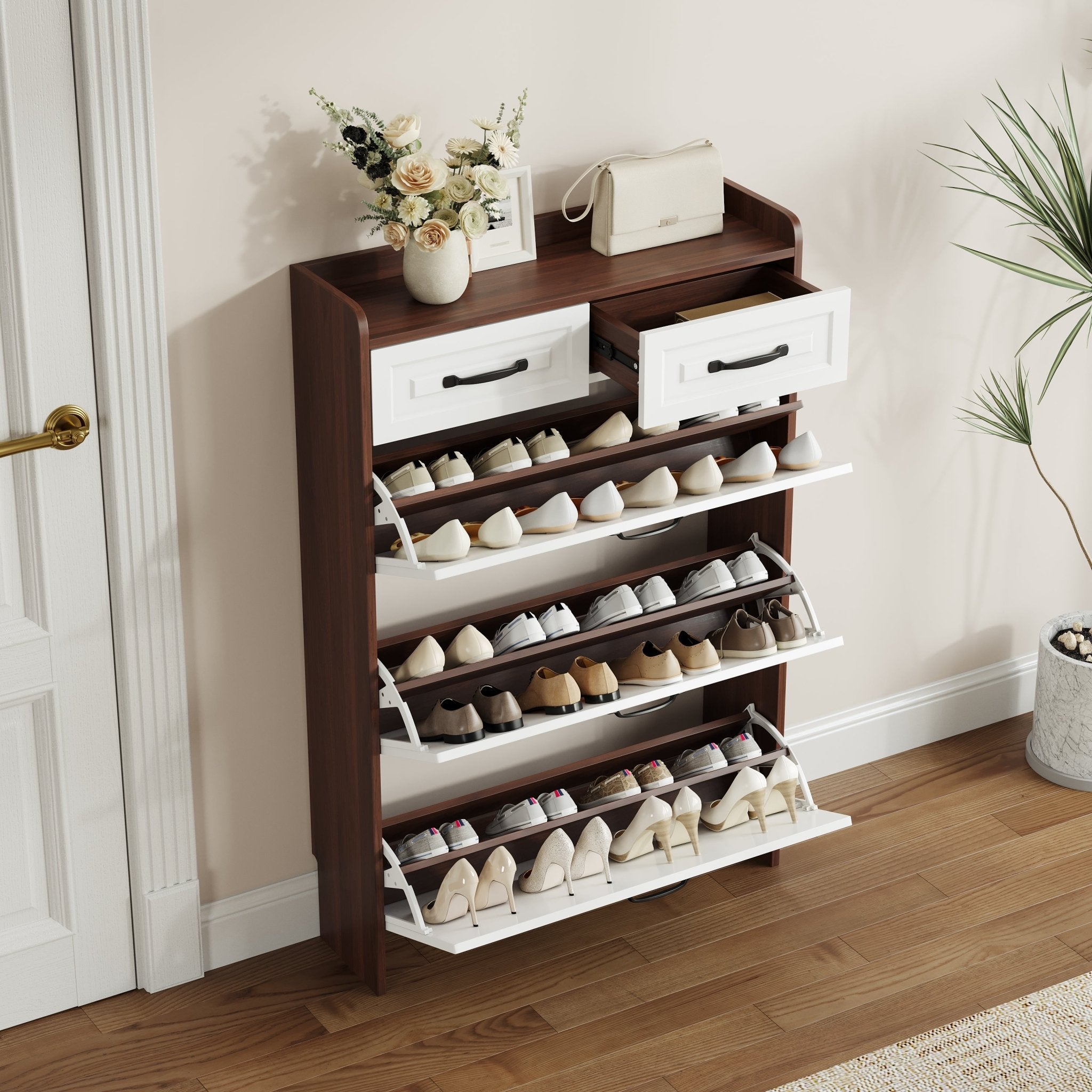 Shoe cabinet, 3 doors and 2 drawers, with PVC door design(walnut) - KiKiUMi