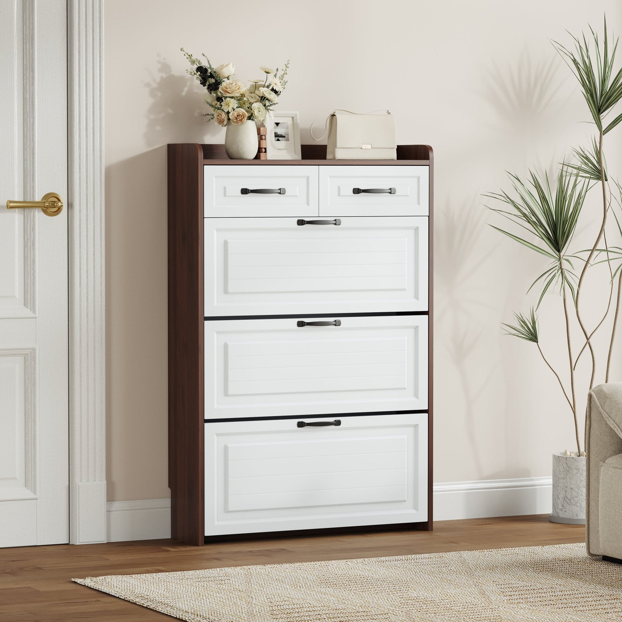 Shoe cabinet, 3 doors and 2 drawers, with PVC door design(walnut) - KiKiUMi