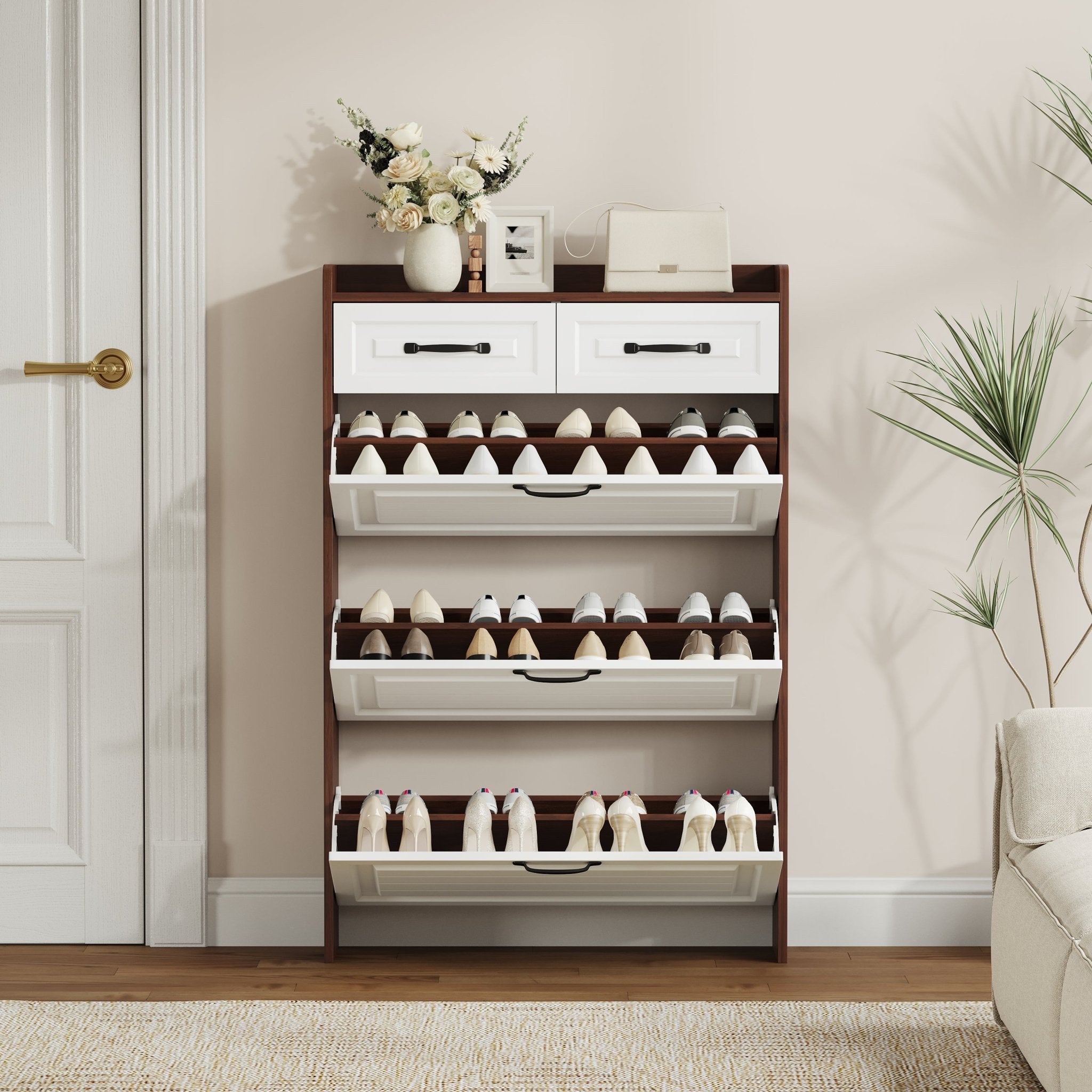 Shoe cabinet, 3 doors and 2 drawers, with PVC door design(walnut) - KiKiUMi