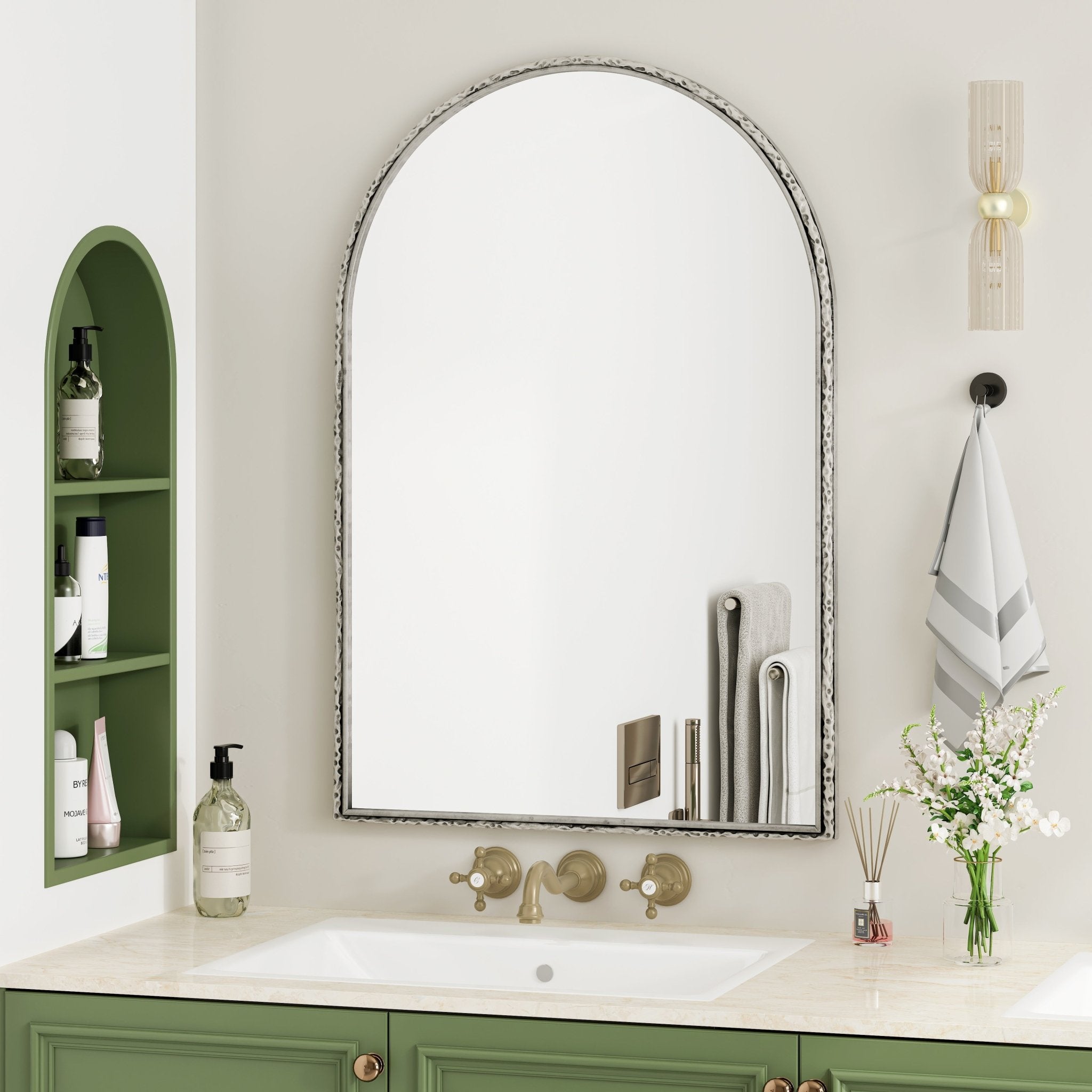 Silver arched mirror with tempered glass and a metal frame - KiKiUMi