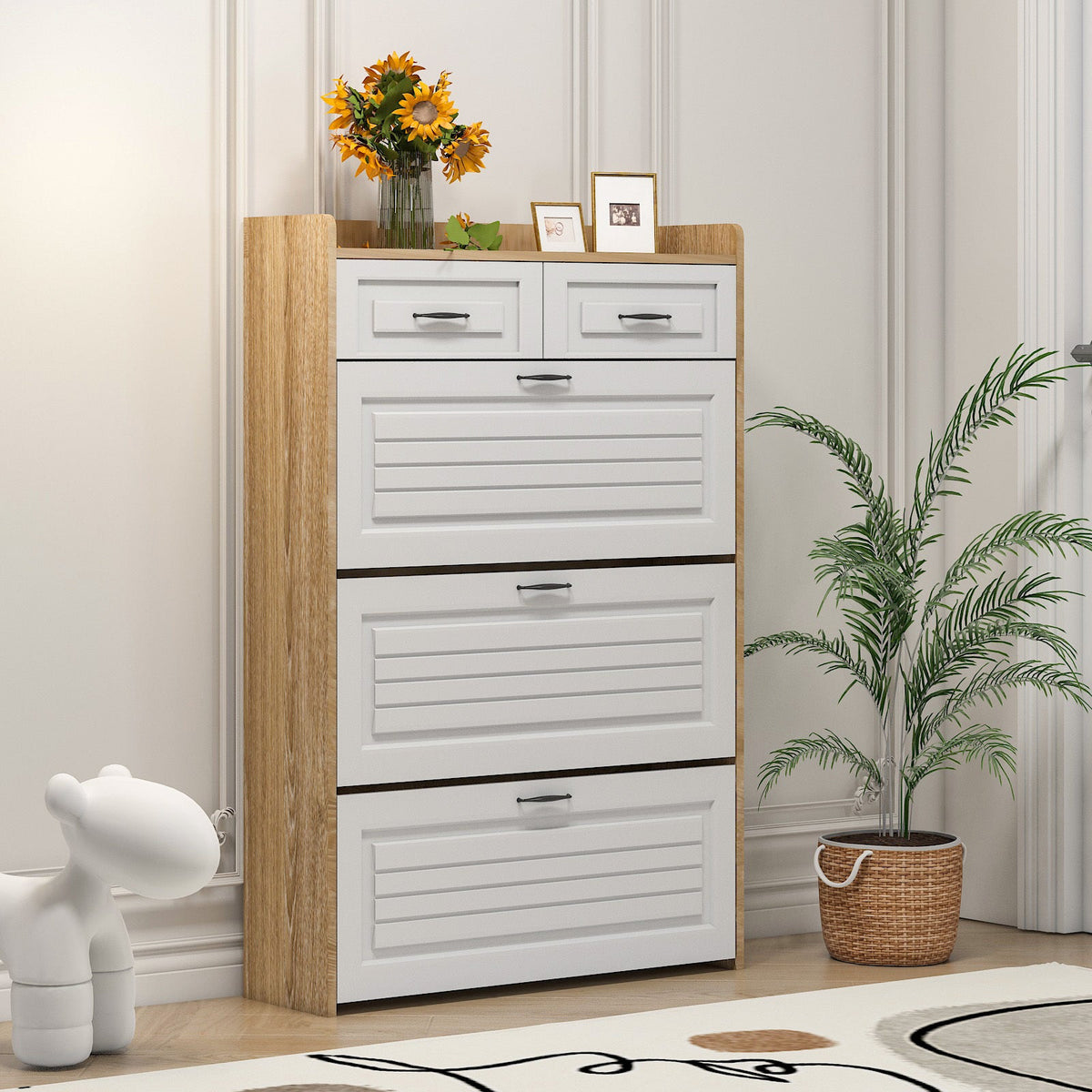 Simple and modern white oak shoe cabinet, 3 doors and 2 drawers - KiKiUMi
