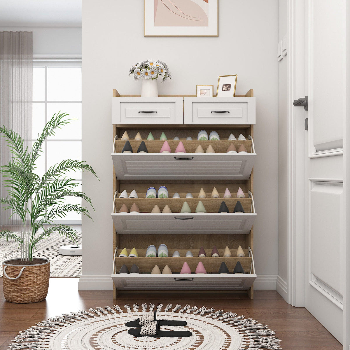 Simple and modern white oak shoe cabinet, 3 doors and 2 drawers - KiKiUMi