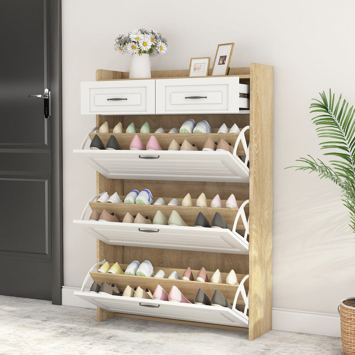 Simple and modern white oak shoe cabinet, 3 doors and 2 drawers - KiKiUMi