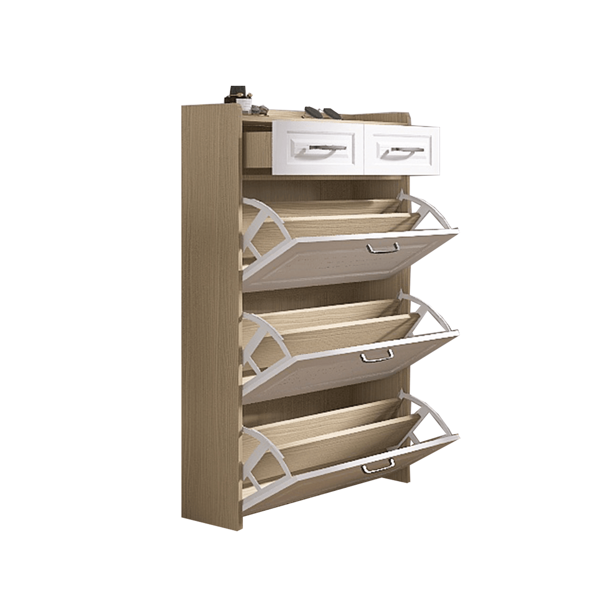 Simple and modern white oak shoe cabinet, 3 doors and 2 drawers - KiKiUMi
