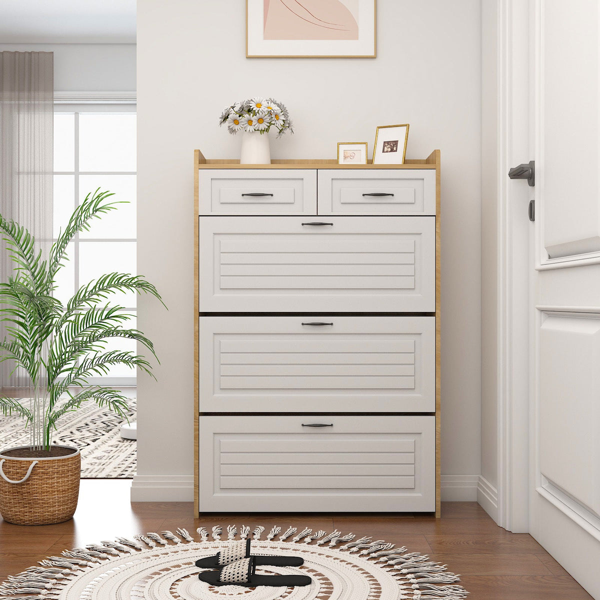 Simple and modern white oak shoe cabinet, 3 doors and 2 drawers - KiKiUMi