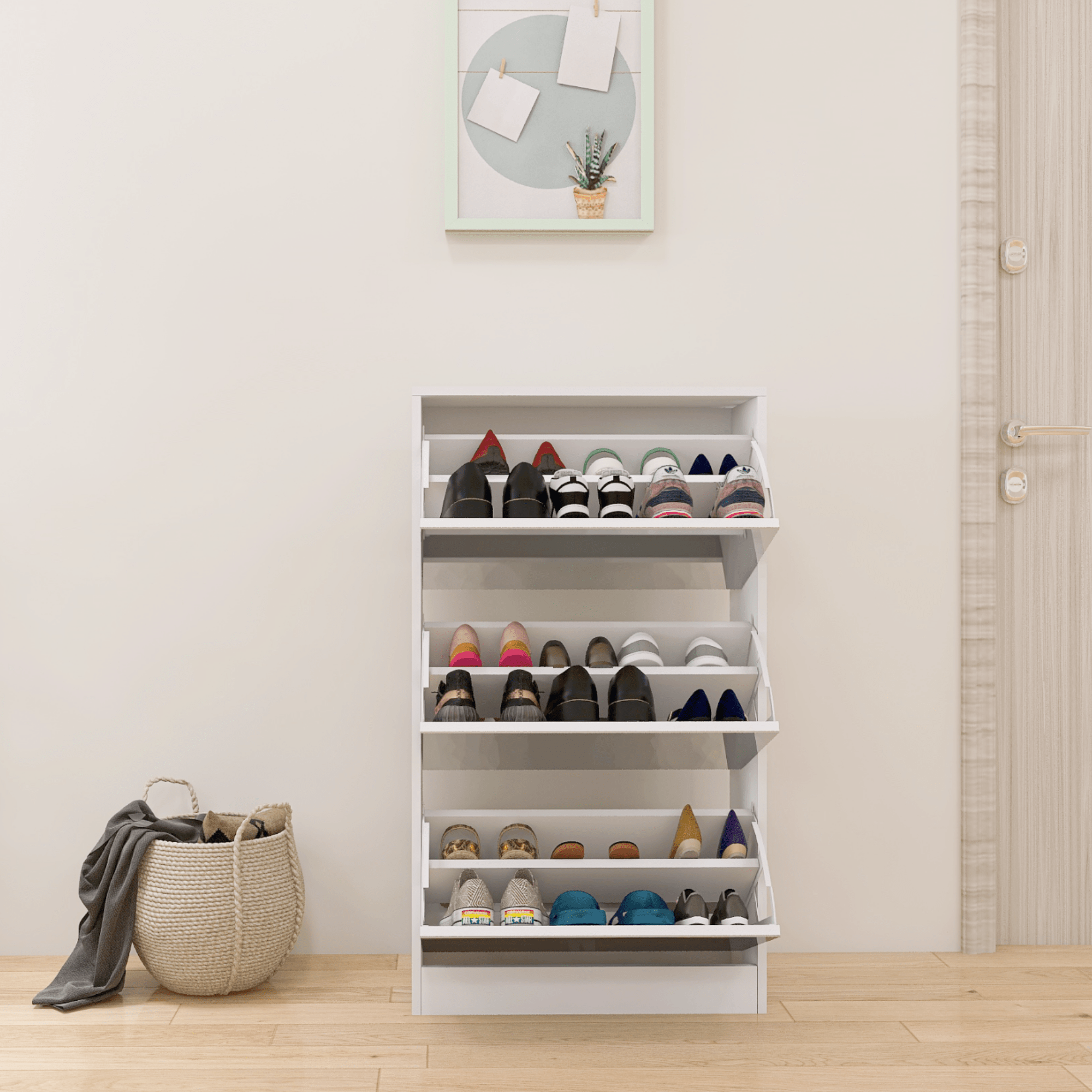 Slender white mirror shoe cabinet, a three-layer wooden shoe organizer - KiKiUMi