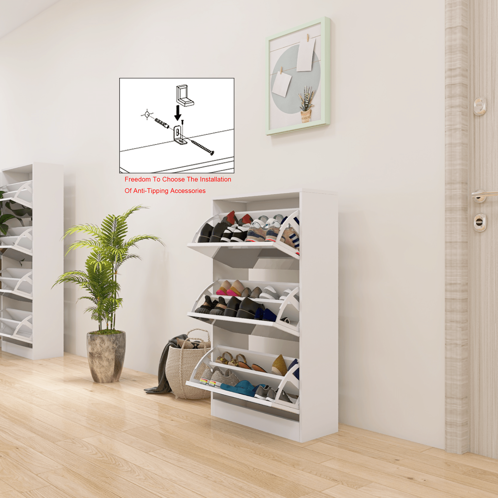 Slender white mirror shoe cabinet, a three-layer wooden shoe organizer - KiKiUMi