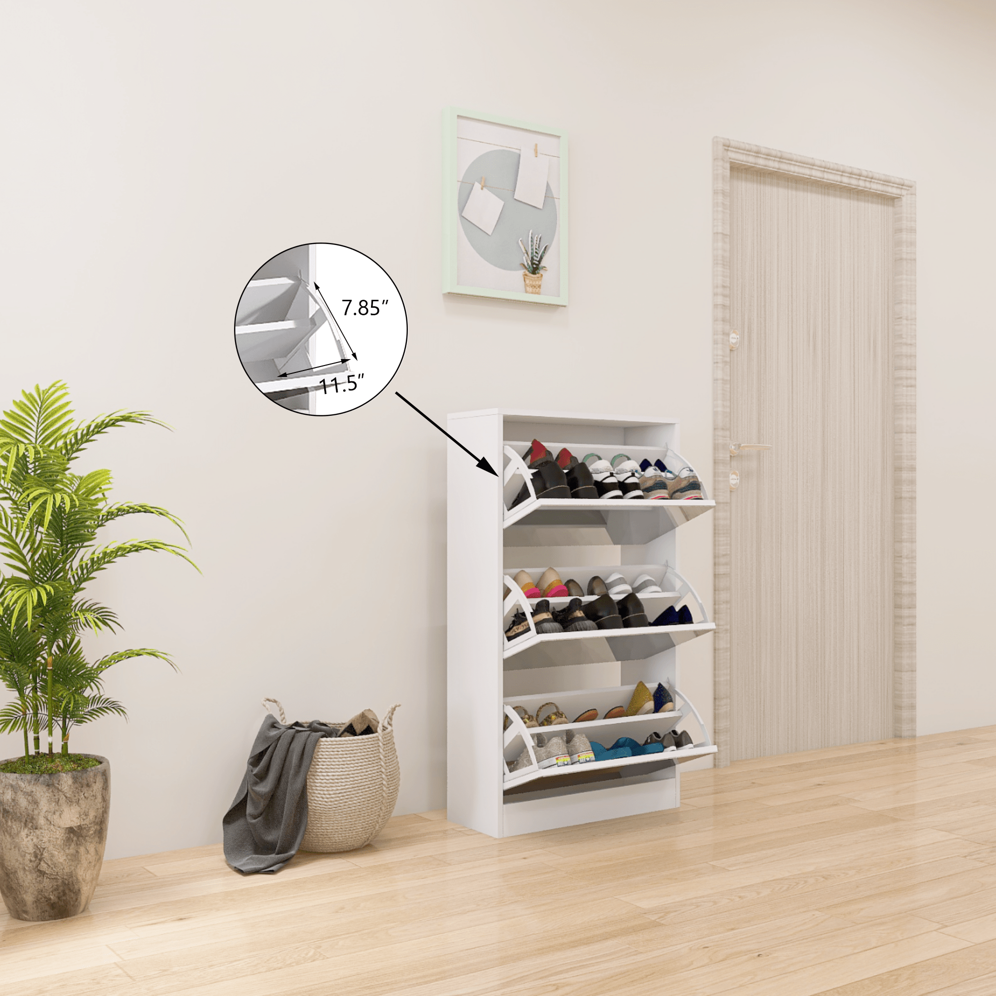 Slender white mirror shoe cabinet, a three-layer wooden shoe organizer - KiKiUMi