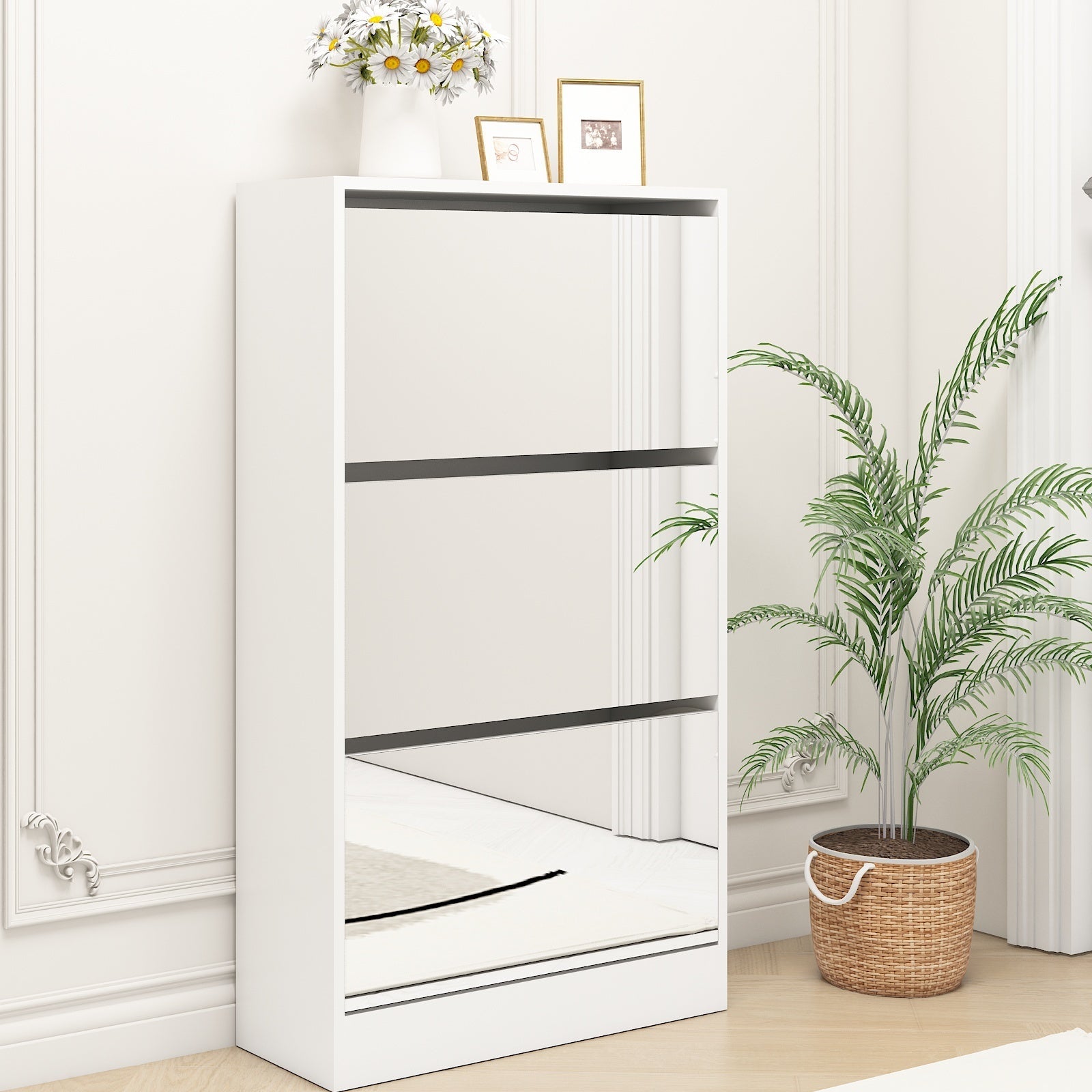 Slender white mirror shoe cabinet, a three-layer wooden shoe organizer - KiKiUMi