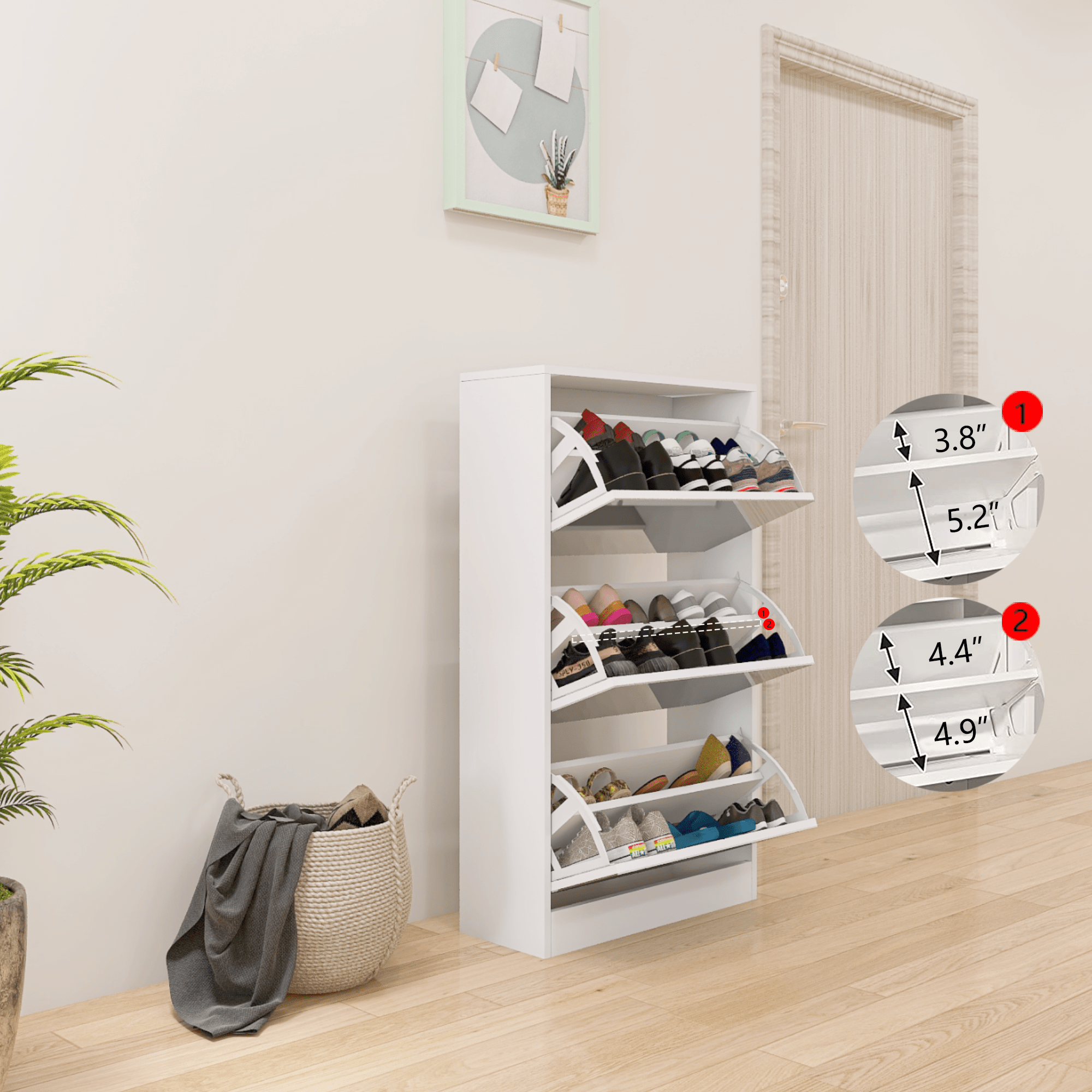 Slender white mirror shoe cabinet, a three-layer wooden shoe organizer - KiKiUMi