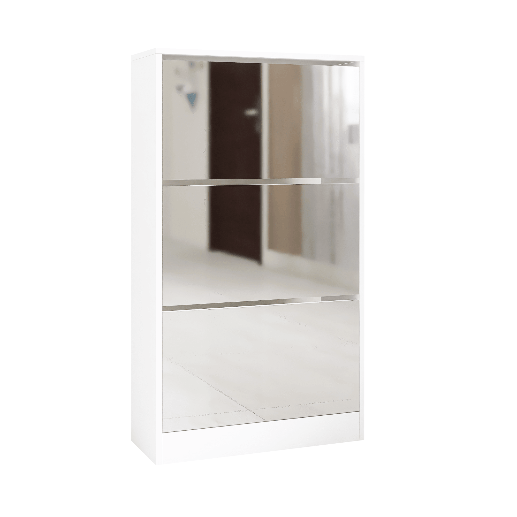 Slender white mirror shoe cabinet, a three-layer wooden shoe organizer - KiKiUMi