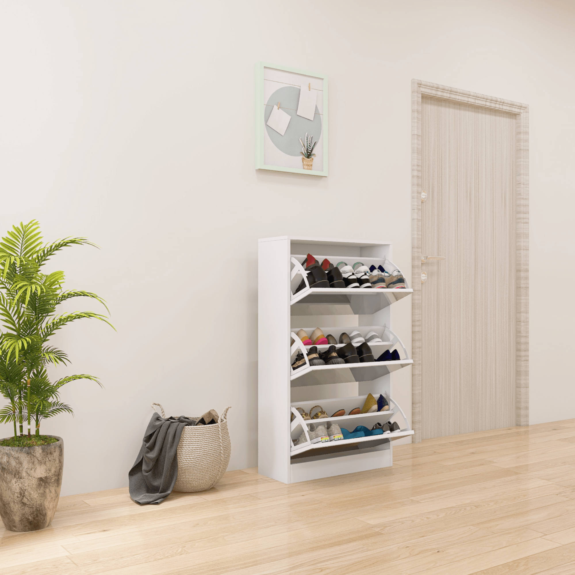Slender white mirror shoe cabinet, a three-layer wooden shoe organizer - KiKiUMi