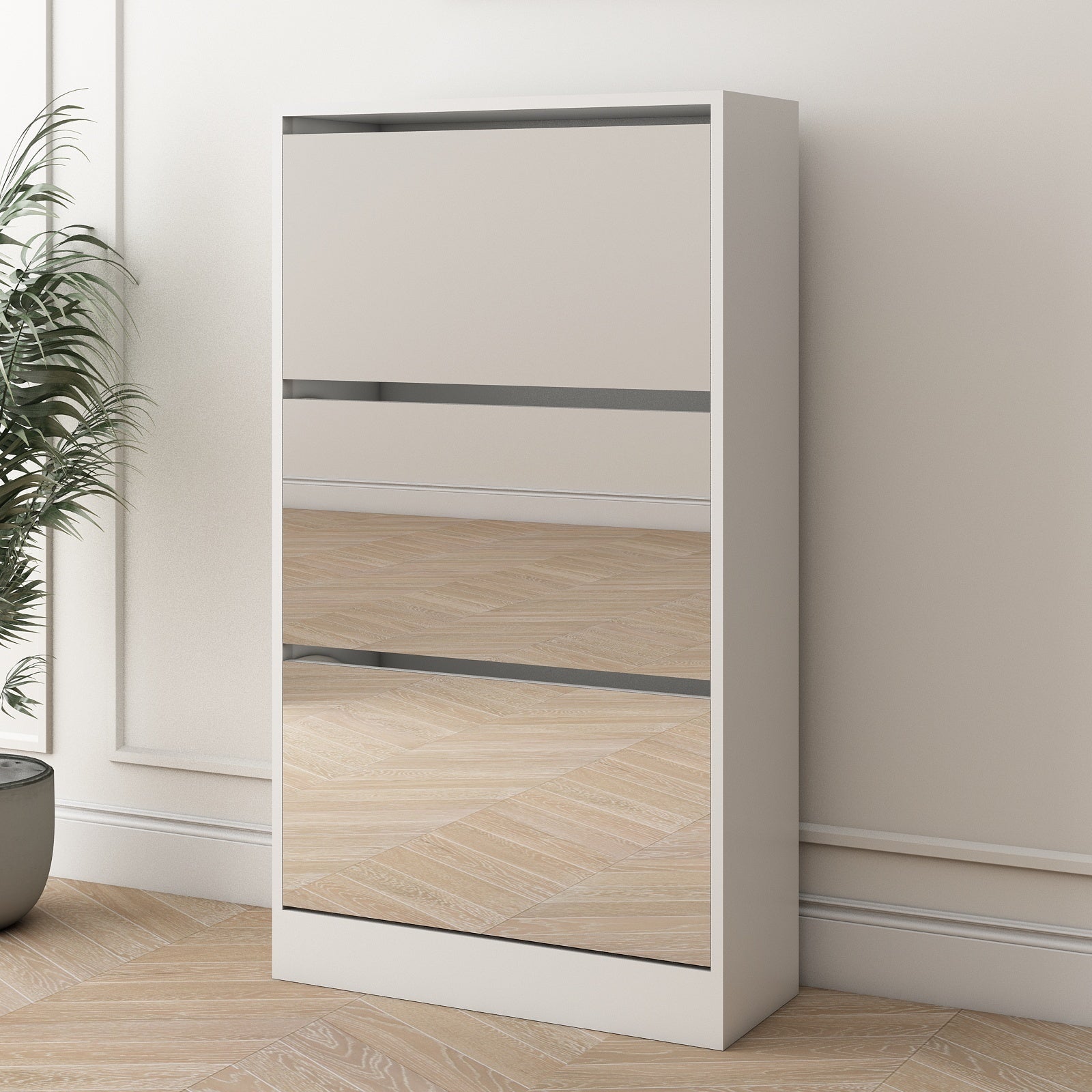 Slender white mirror shoe cabinet, a three-layer wooden shoe organizer - KiKiUMi