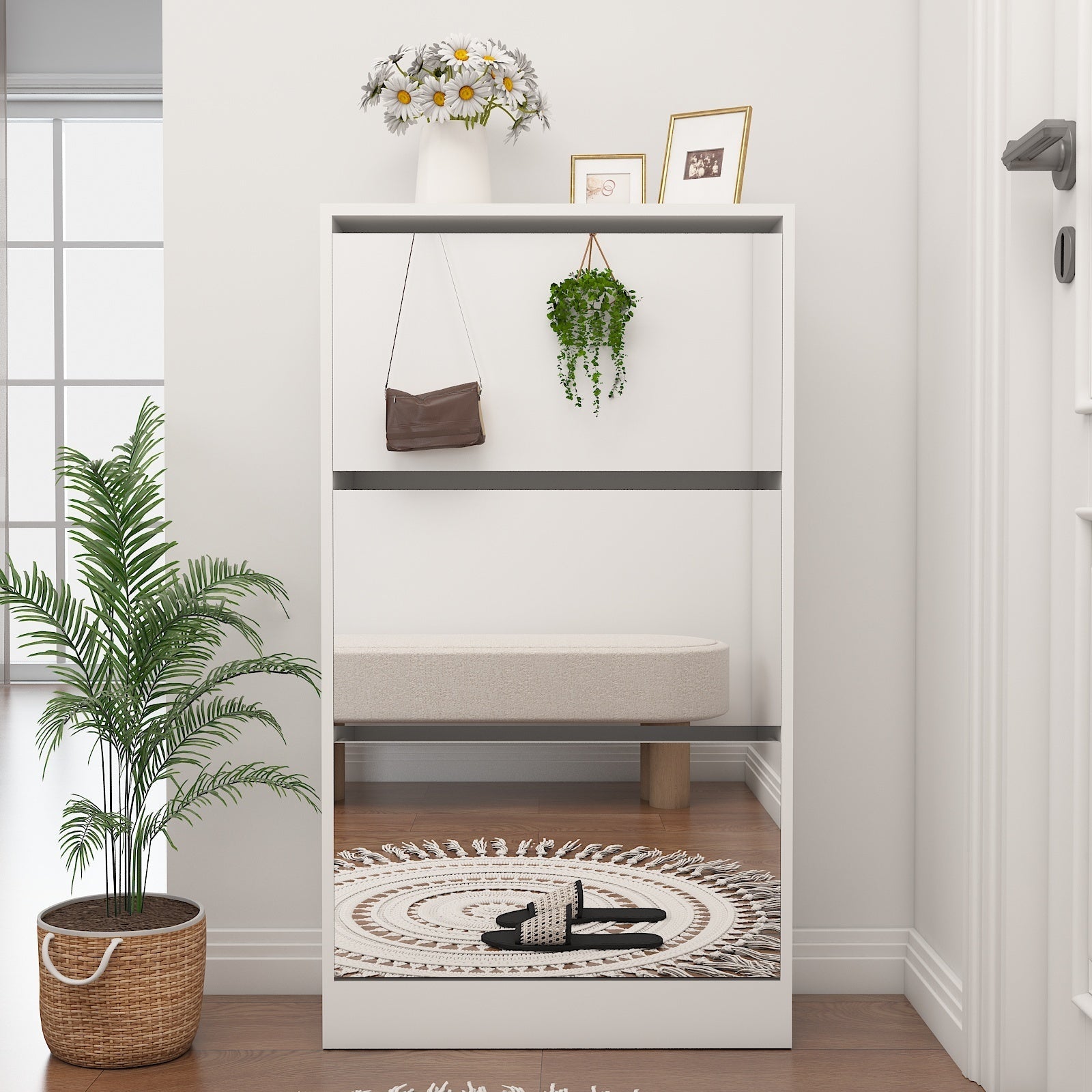 Slender white mirror shoe cabinet, a three-layer wooden shoe organizer - KiKiUMi