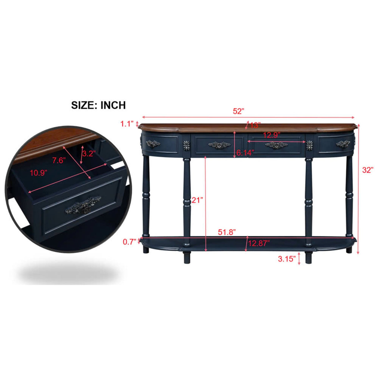 Solid wood retro arc-shaped wooden control console table( navy blue) - KiKiUMi