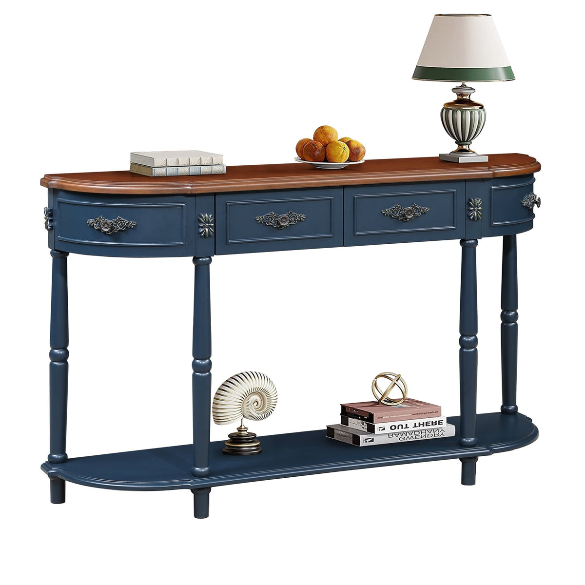 Solid wood retro arc-shaped wooden control console table( navy blue) - KiKiUMi
