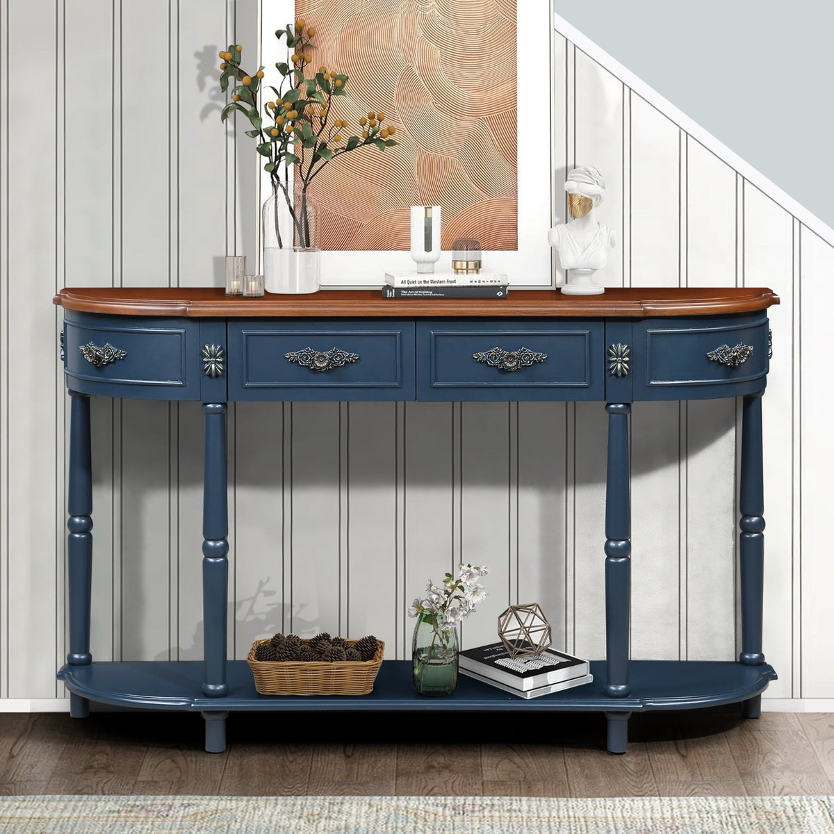 Solid wood retro arc-shaped wooden control console table( navy blue) - KiKiUMi