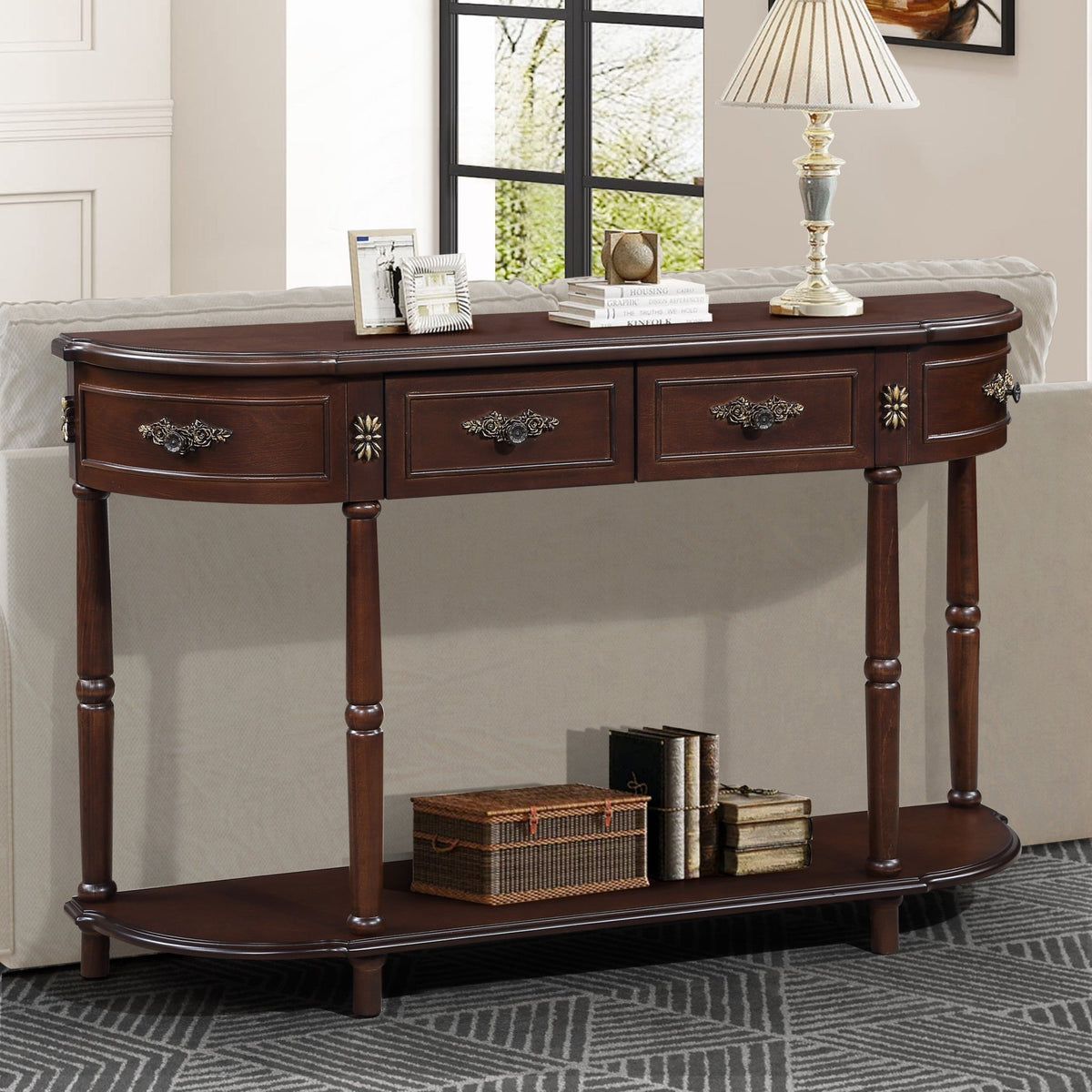 Solid wood retro arc-shaped wooden control console table(espresso) - KiKiUMi