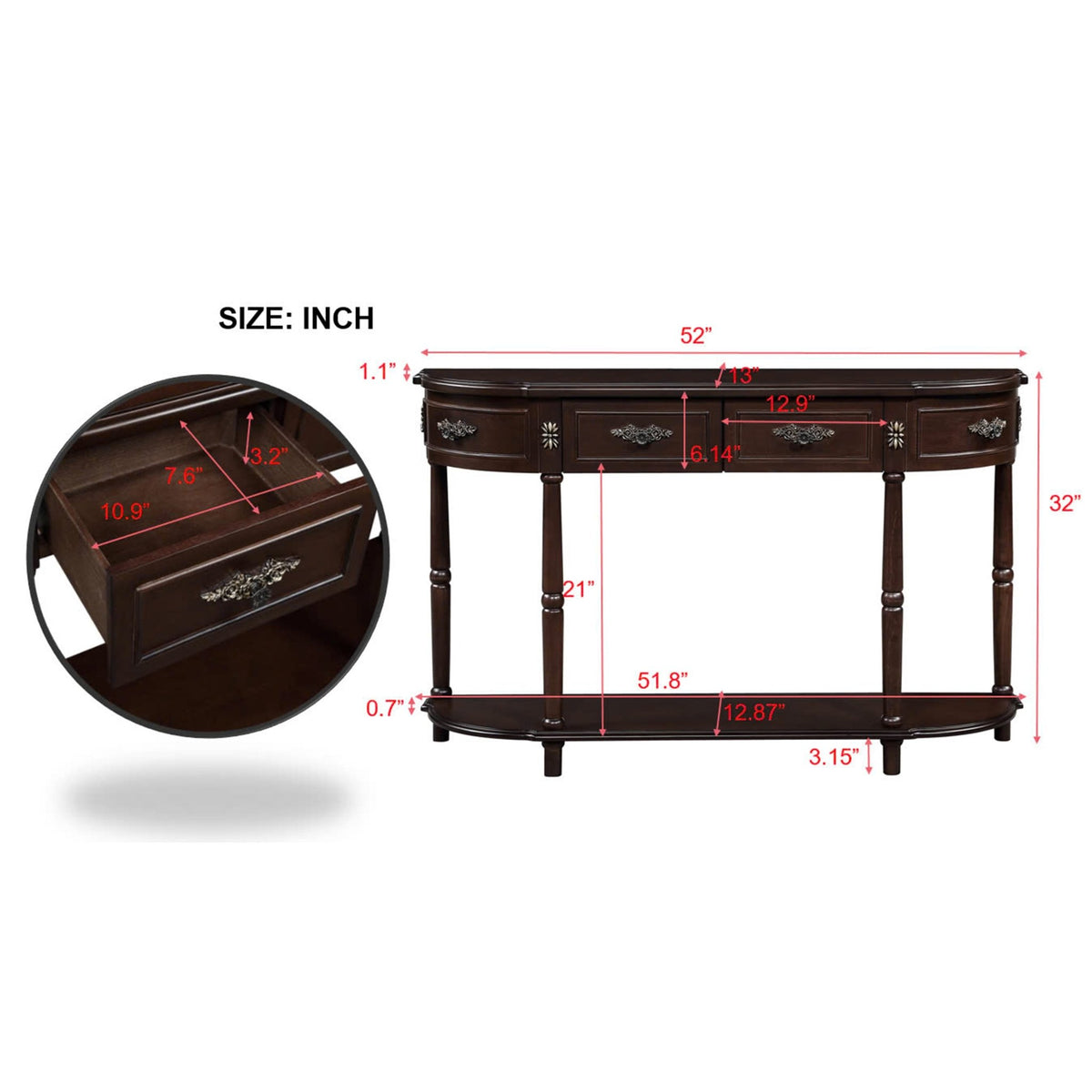Solid wood retro arc-shaped wooden control console table(espresso) - KiKiUMi