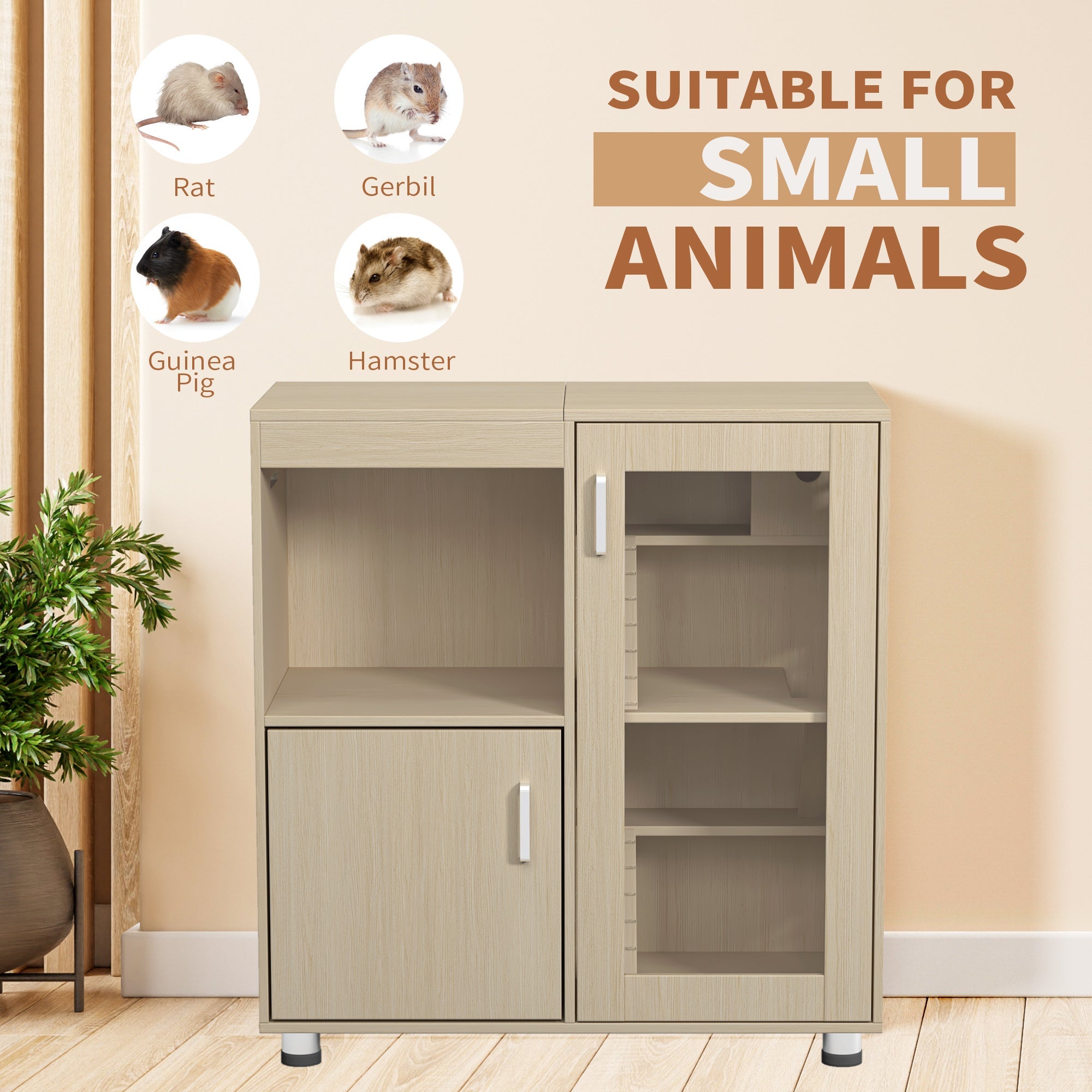 Teak 4 - layer hamster cage, acrylic Windows and storage cabinets - KiKiUMi