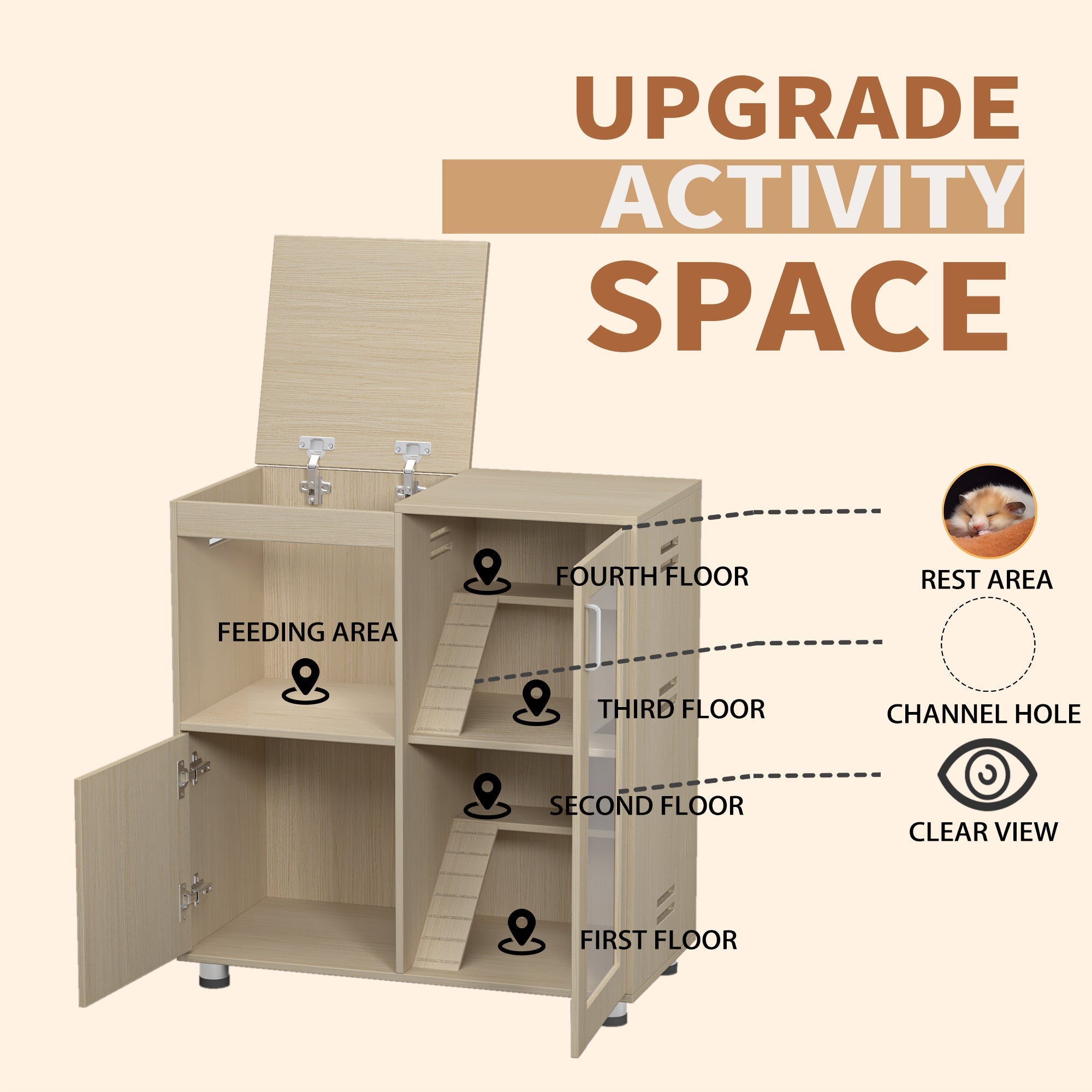 Teak 4 - layer hamster cage, acrylic Windows and storage cabinets - KiKiUMi