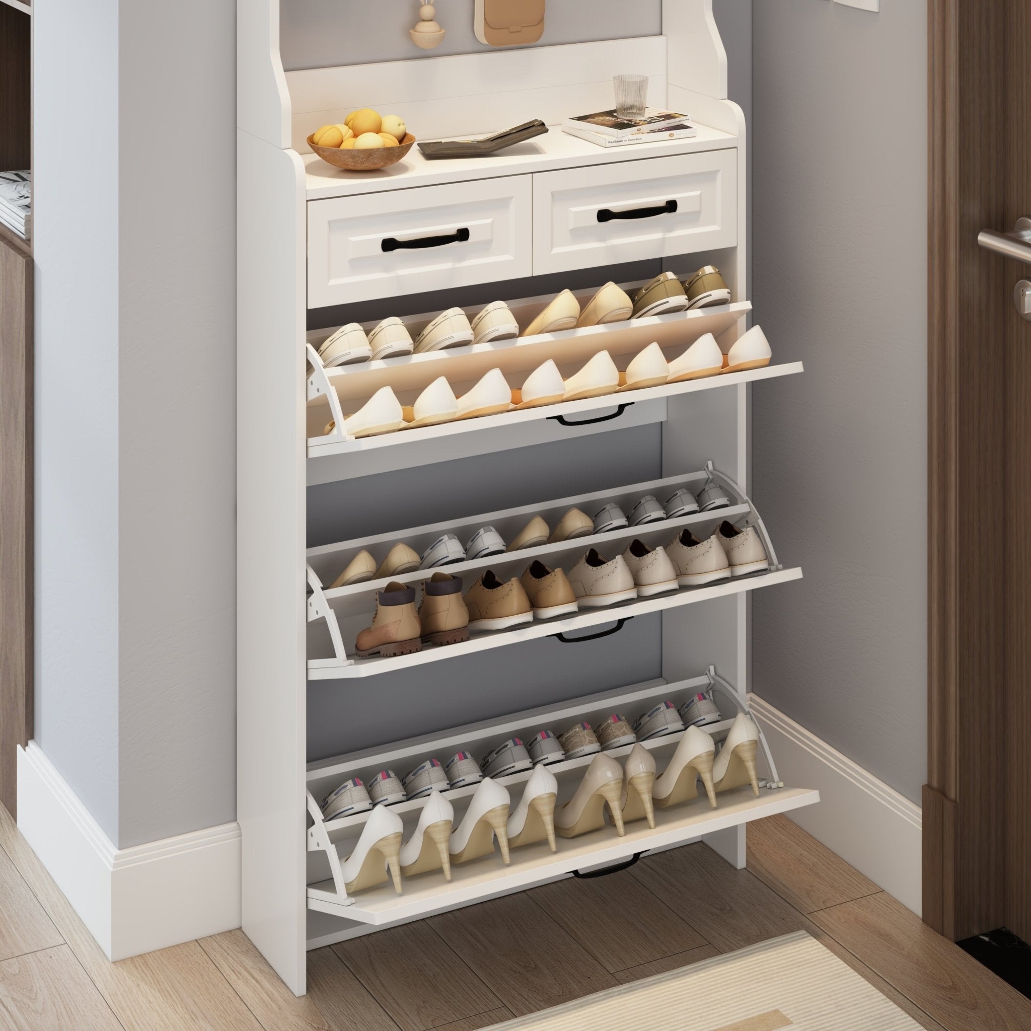 The white shoe cabinet has three doors and two drawers with clothes hangers - KiKiUMi