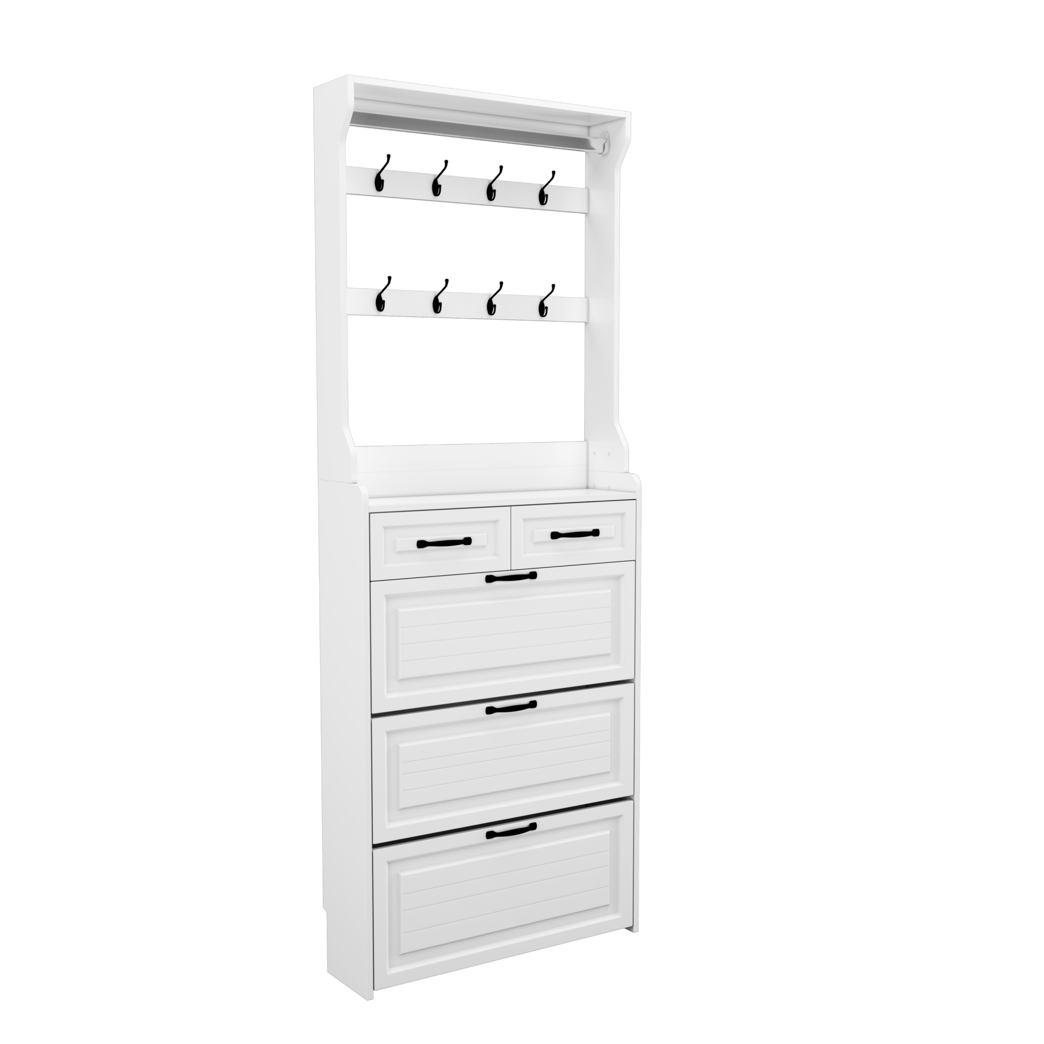 The white shoe cabinet has three doors and two drawers with clothes hangers - KiKiUMi