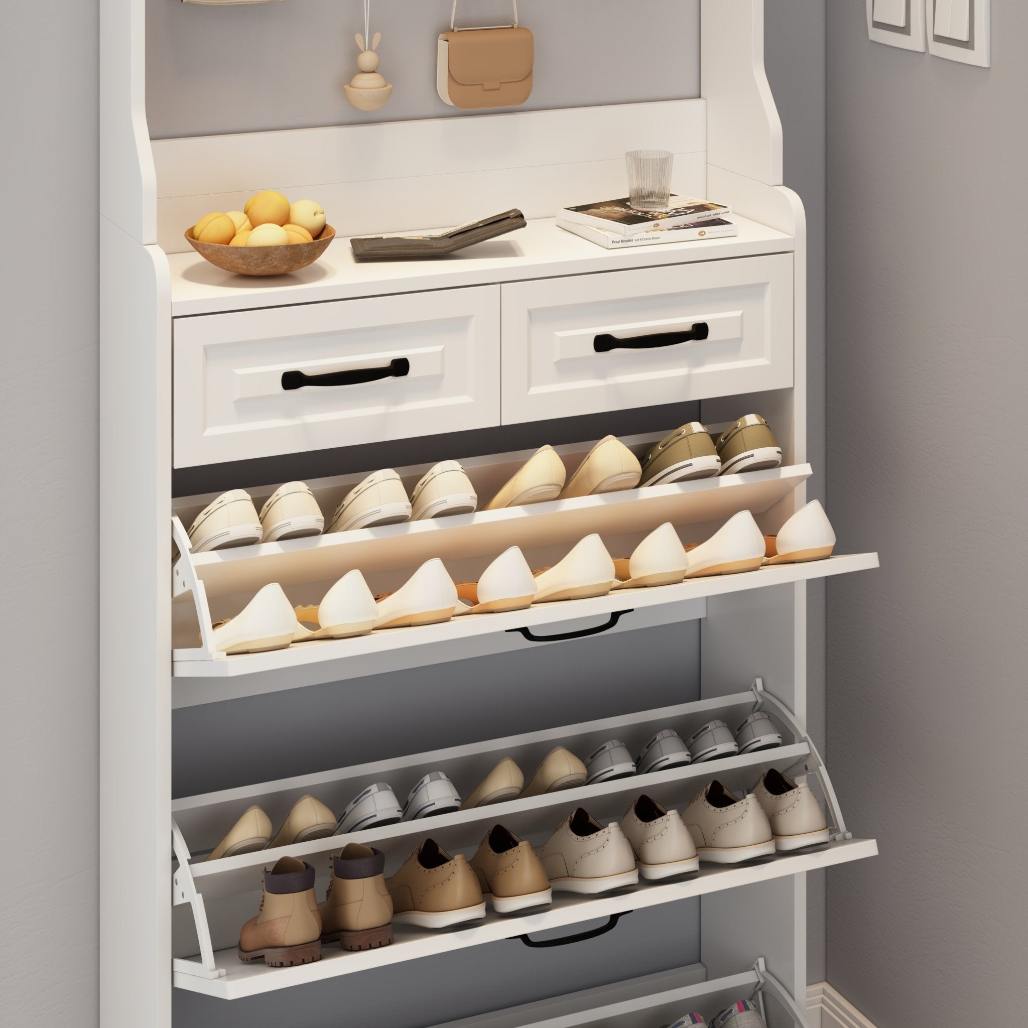The white shoe cabinet has three doors and two drawers with clothes hangers - KiKiUMi