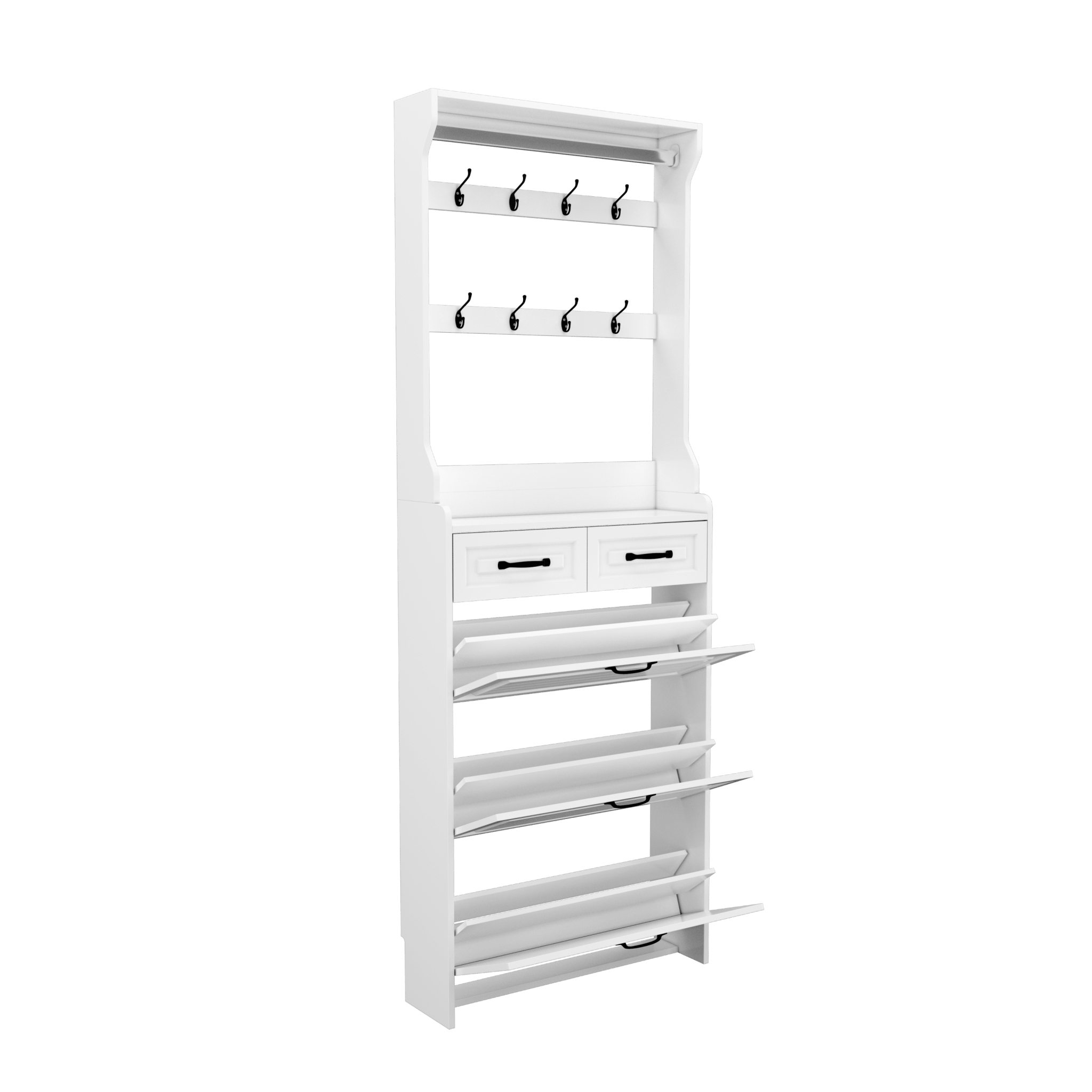 The white shoe cabinet has three doors and two drawers with clothes hangers - KiKiUMi
