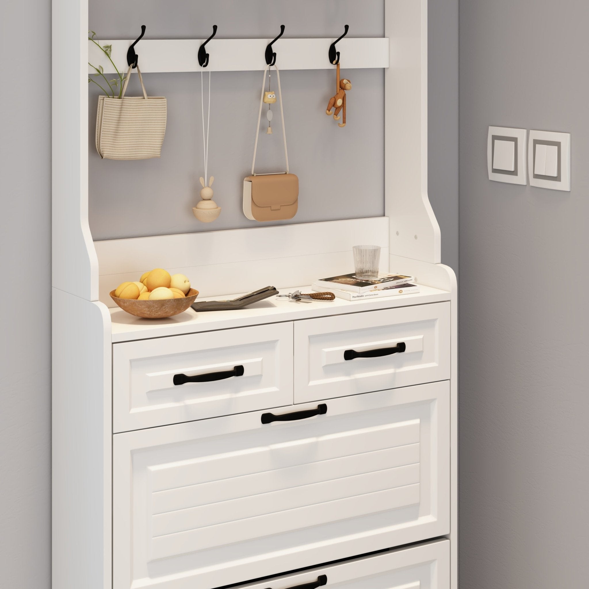 The white shoe cabinet has three doors and two drawers with clothes hangers - KiKiUMi