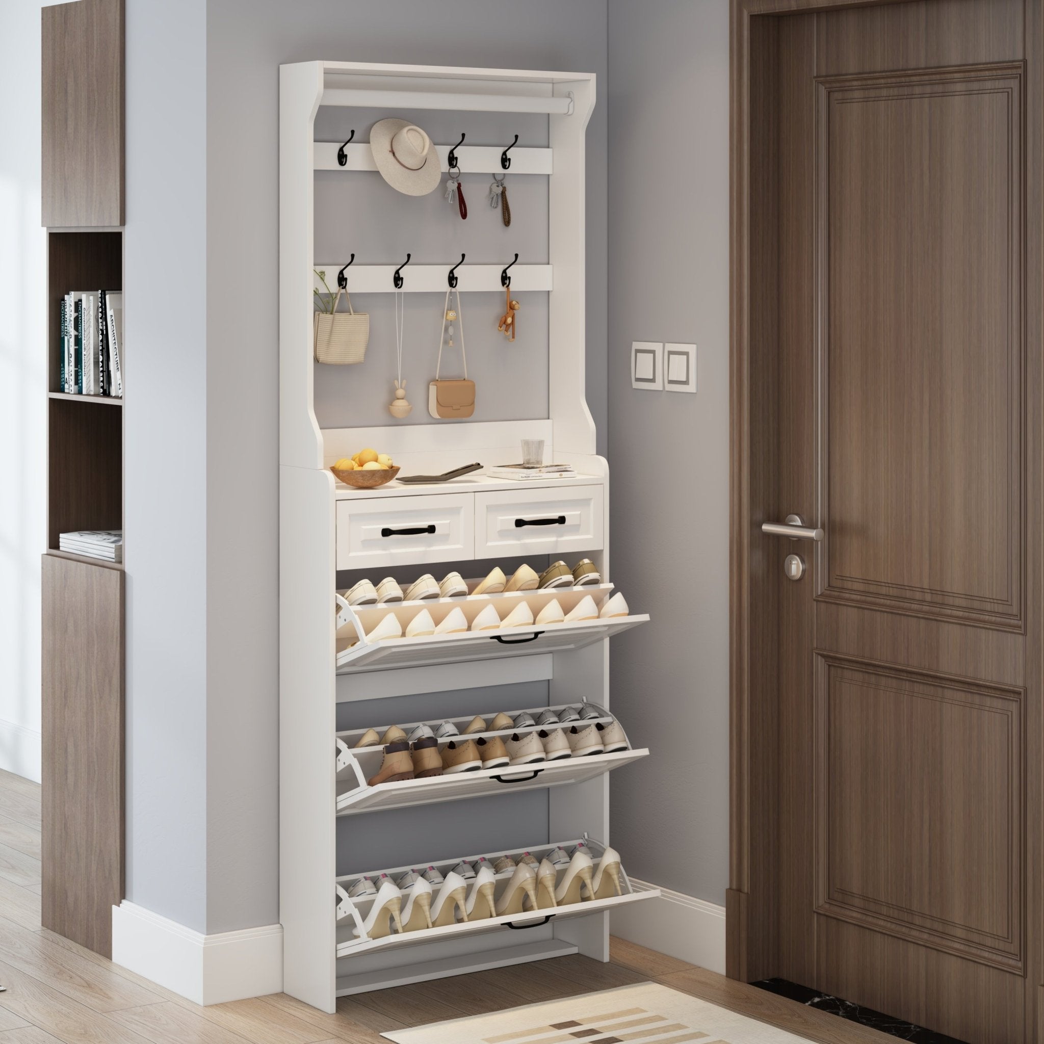 The white shoe cabinet has three doors and two drawers with clothes hangers - KiKiUMi