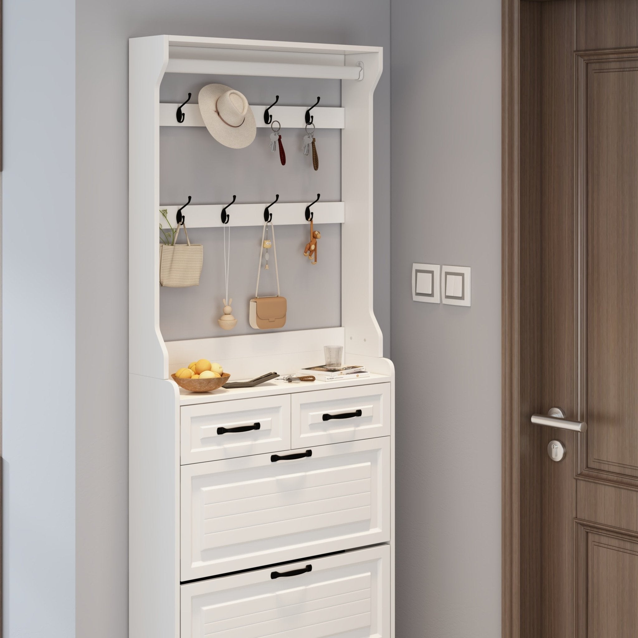 The white shoe cabinet has three doors and two drawers with clothes hangers - KiKiUMi