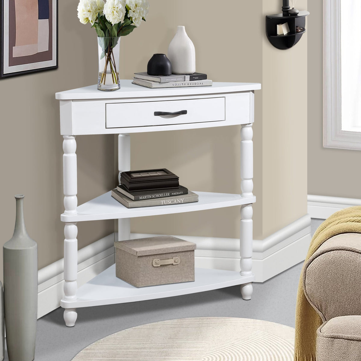 Three-tiered small triangular corner tables(milk white) - KiKiUMi